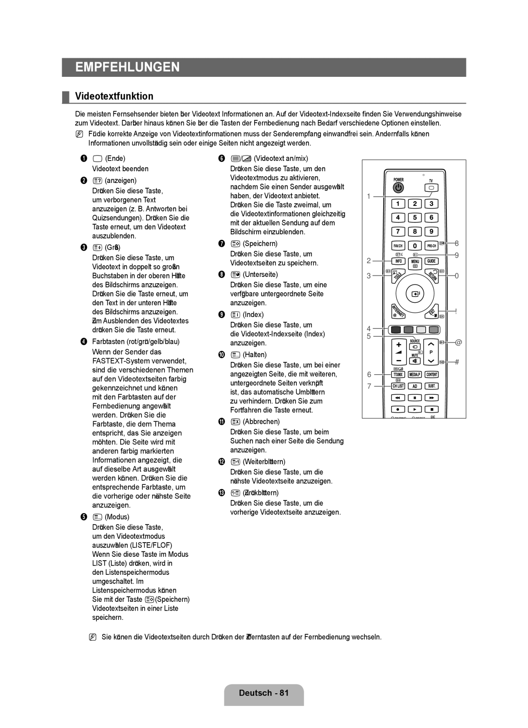 Samsung UE40B8090XPXZG, UE40B8090XWXZG manual Empfehlungen, Videotextfunktion 