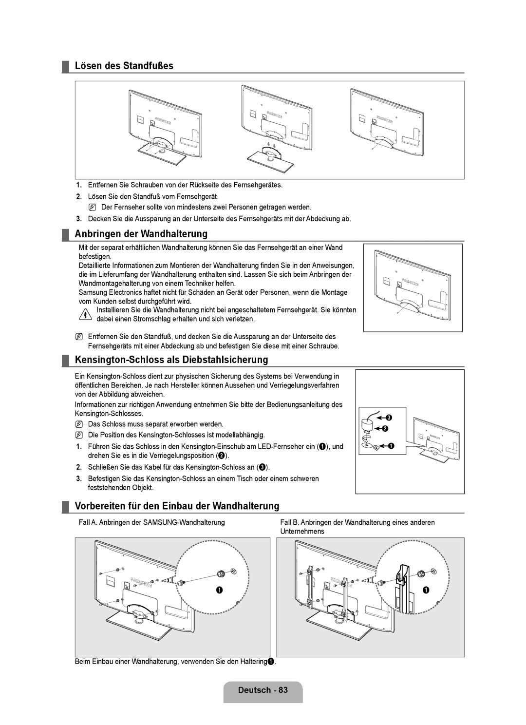 Samsung UE40B8090XPXZG manual Lösen des Standfußes, Anbringen der Wandhalterung, Kensington-Schloss als Diebstahlsicherung 