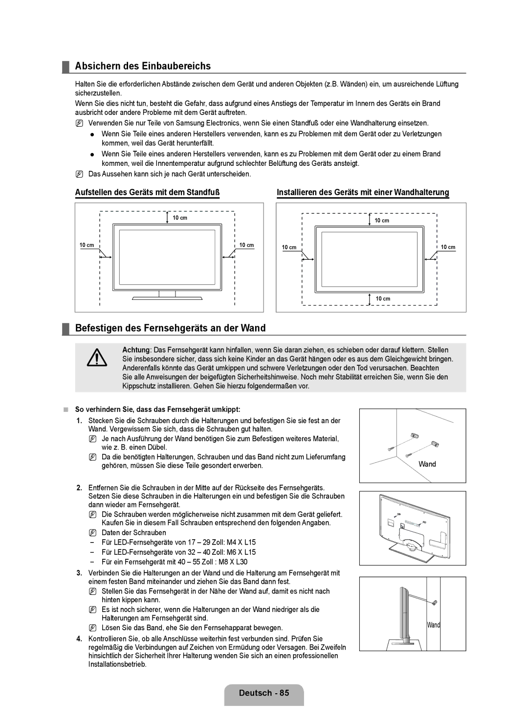 Samsung UE40B8090XPXZG, UE40B8090XWXZG manual Absichern des Einbaubereichs, Befestigen des Fernsehgeräts an der Wand 