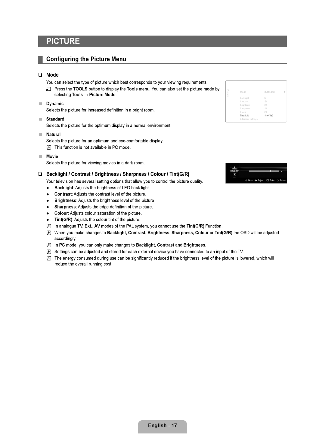 Samsung UE40B8090XPXZG, UE40B8090XWXZG manual Configuring the Picture Menu, Mode, Natural, Movie 