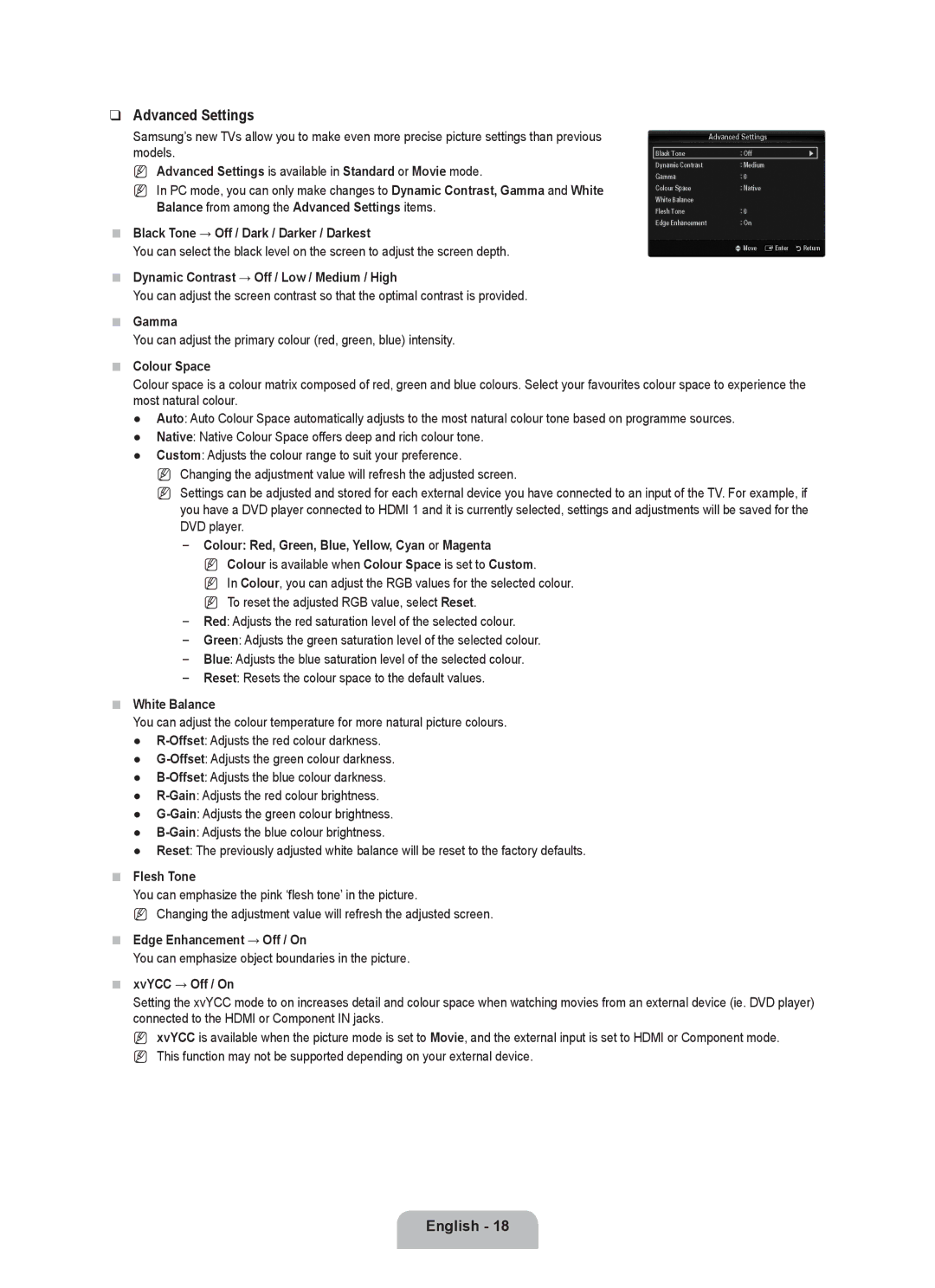 Samsung UE40B8090XWXZG, UE40B8090XPXZG manual Advanced Settings 