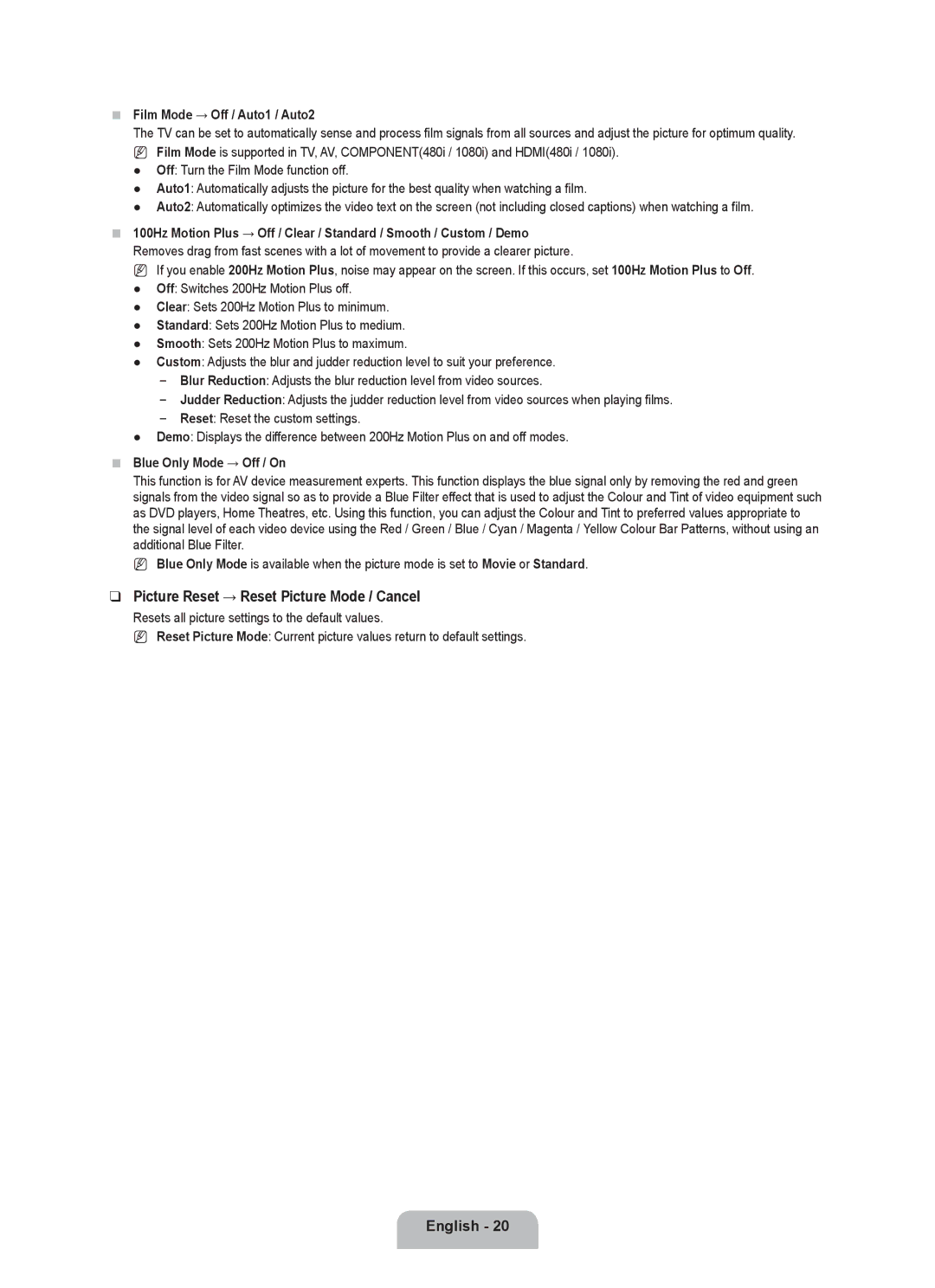 Samsung UE40B8090XWXZG, UE40B8090XPXZG manual Picture Reset → Reset Picture Mode / Cancel, Film Mode → Off / Auto1 / Auto2 