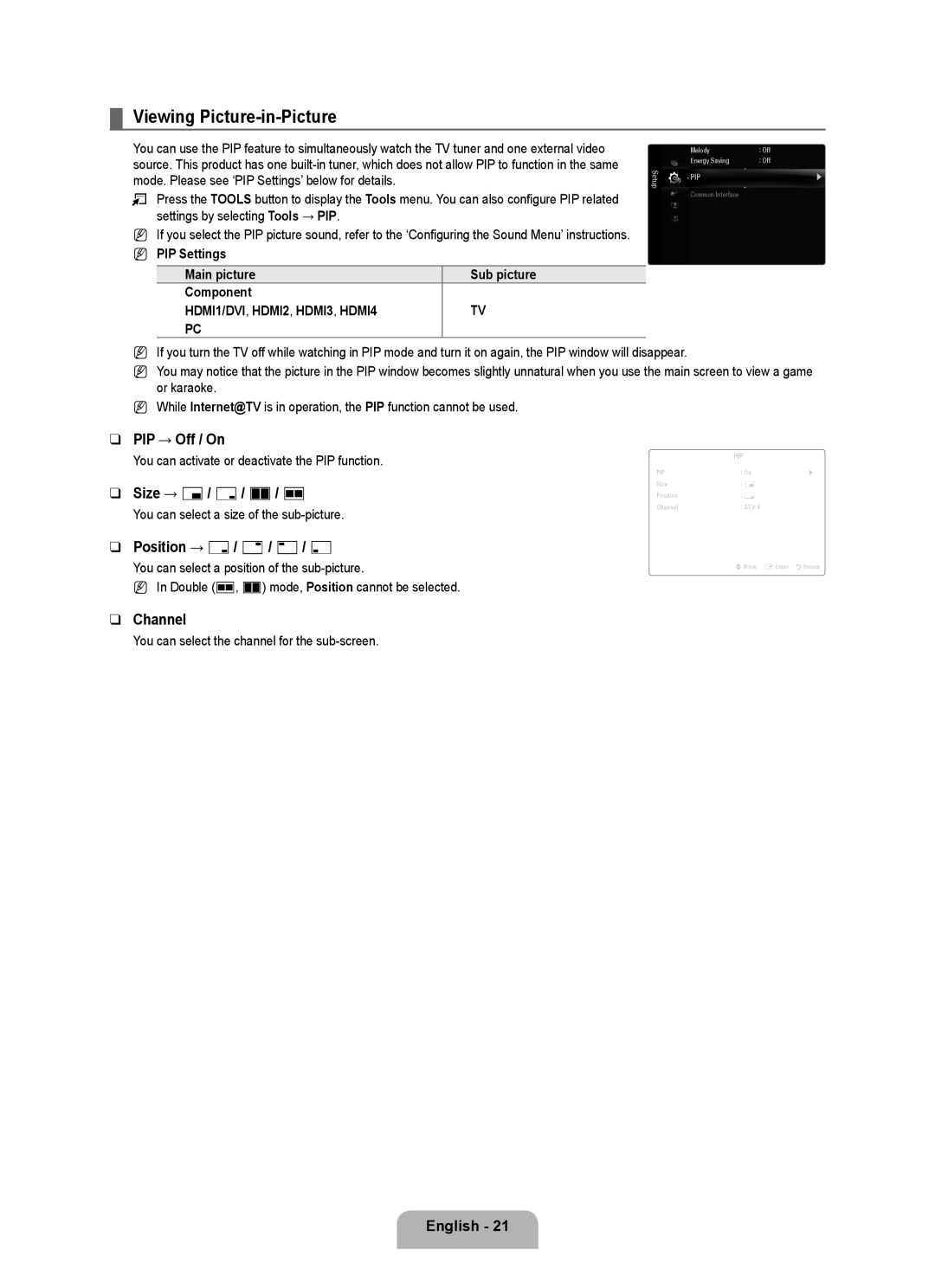 Samsung UE40B8090XPXZG manual Viewing Picture-in-Picture, PIP → Off / On, Size → Õ/ Ã/ À/ Œ, Position → Ã/ / -/ œ, Channel 