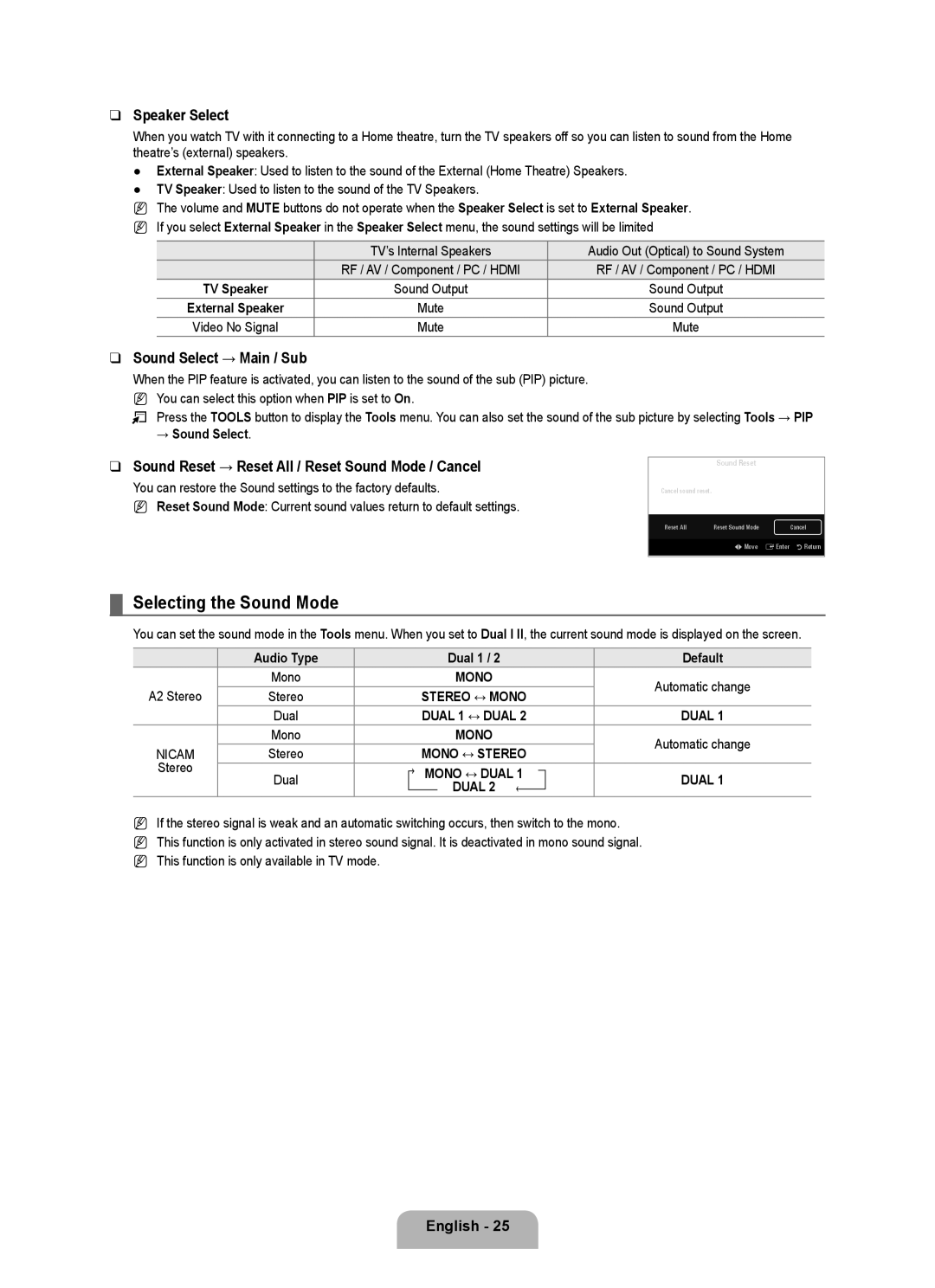 Samsung UE40B8090XPXZG, UE40B8090XWXZG manual Selecting the Sound Mode, Speaker Select, Sound Select → Main / Sub 