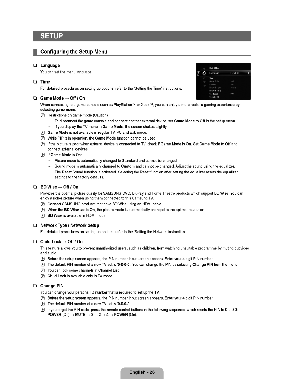 Samsung UE40B8090XWXZG, UE40B8090XPXZG manual Configuring the Setup Menu 