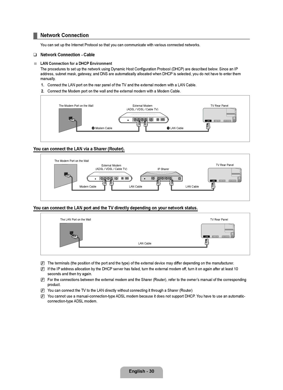 Samsung UE40B8090XWXZG, UE40B8090XPXZG manual Network Connection Cable, You can connect the LAN via a Sharer Router 