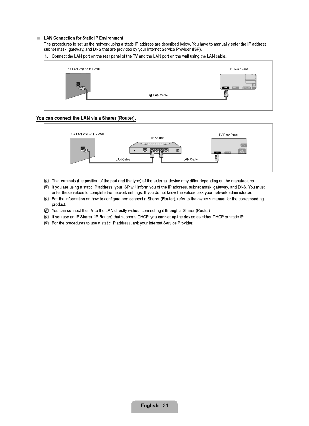 Samsung UE40B8090XPXZG, UE40B8090XWXZG manual LAN Connection for Static IP Environment 