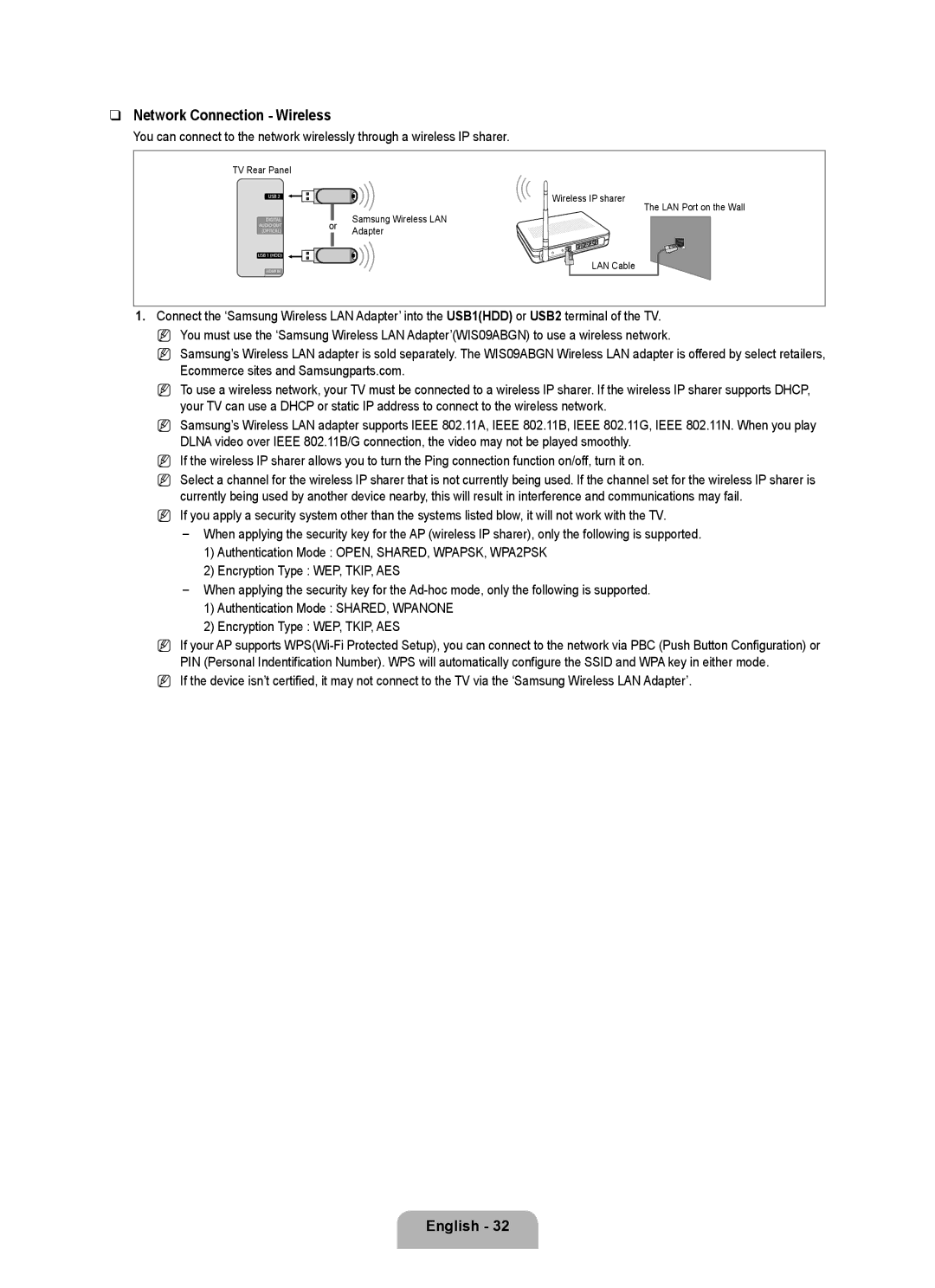 Samsung UE40B8090XWXZG, UE40B8090XPXZG manual Network Connection Wireless 