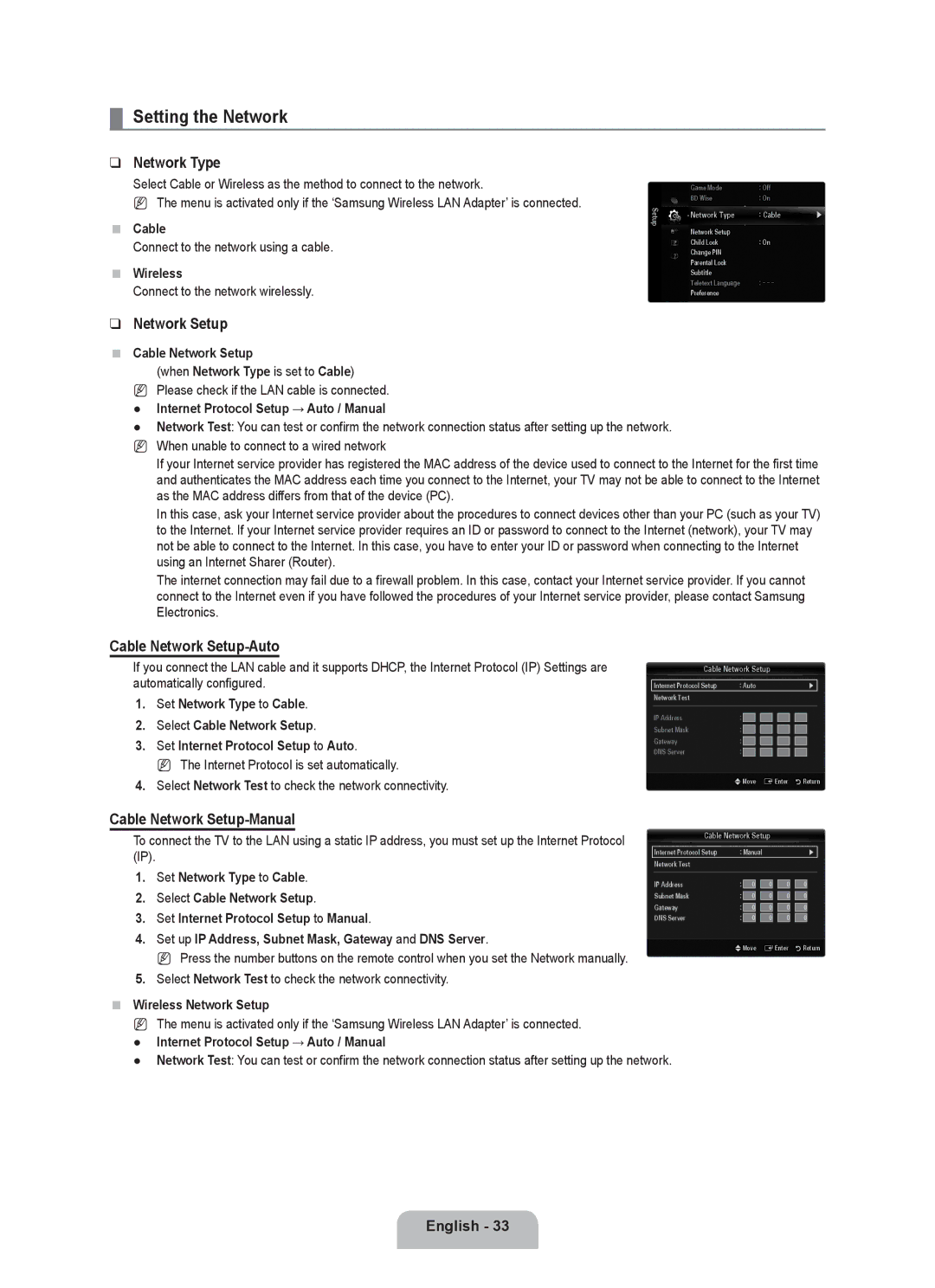 Samsung UE40B8090XPXZG manual Setting the Network, Network Type, Cable Network Setup-Auto, Cable Network Setup-Manual 