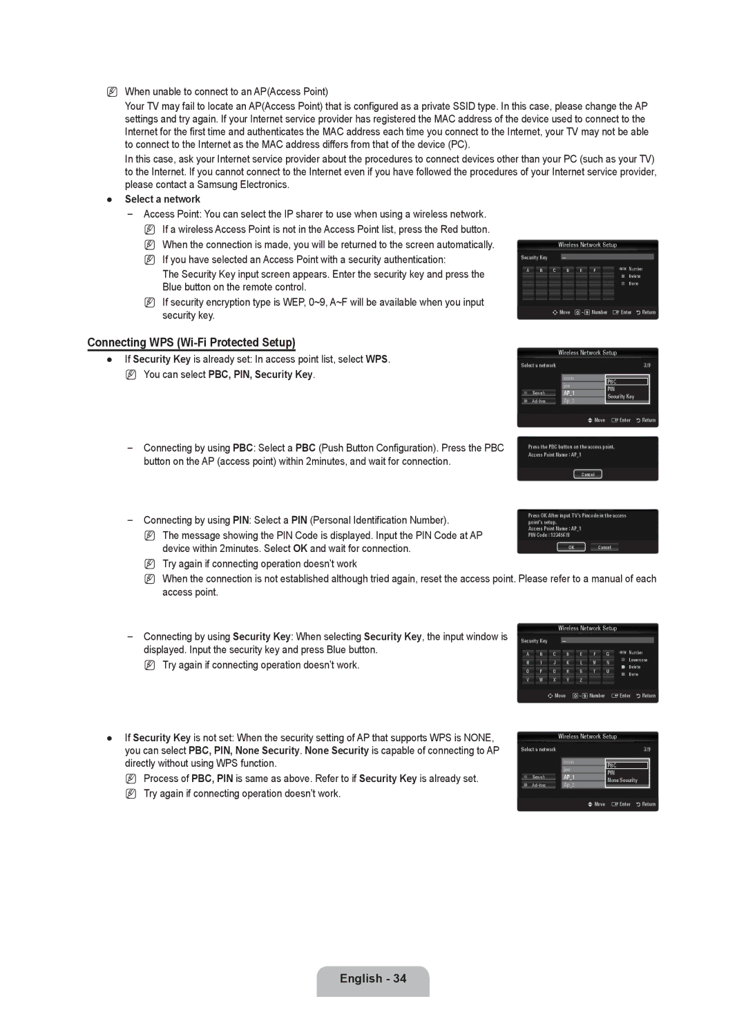 Samsung UE40B8090XWXZG Connecting WPS Wi-Fi Protected Setup, When unable to connect to an APAccess Point, Select a network 