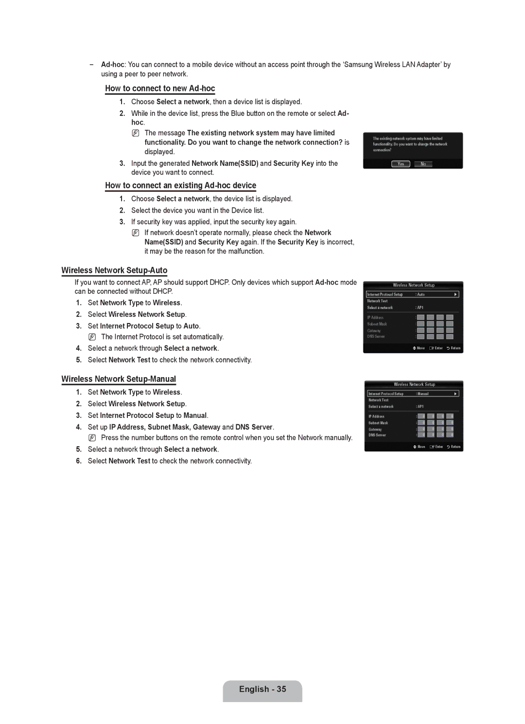 Samsung UE40B8090XPXZG How to connect to new Ad-hoc, How to connect an existing Ad-hoc device, Wireless Network Setup-Auto 