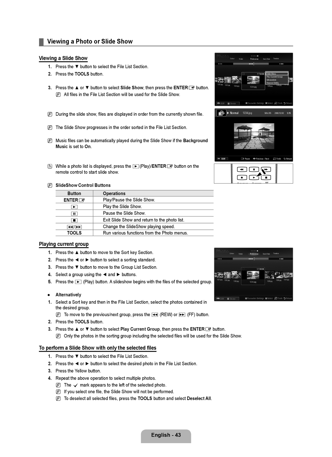 Samsung UE40B8090XPXZG, UE40B8090XWXZG manual Viewing a Photo or Slide Show, Viewing a Slide Show, Playing current group 