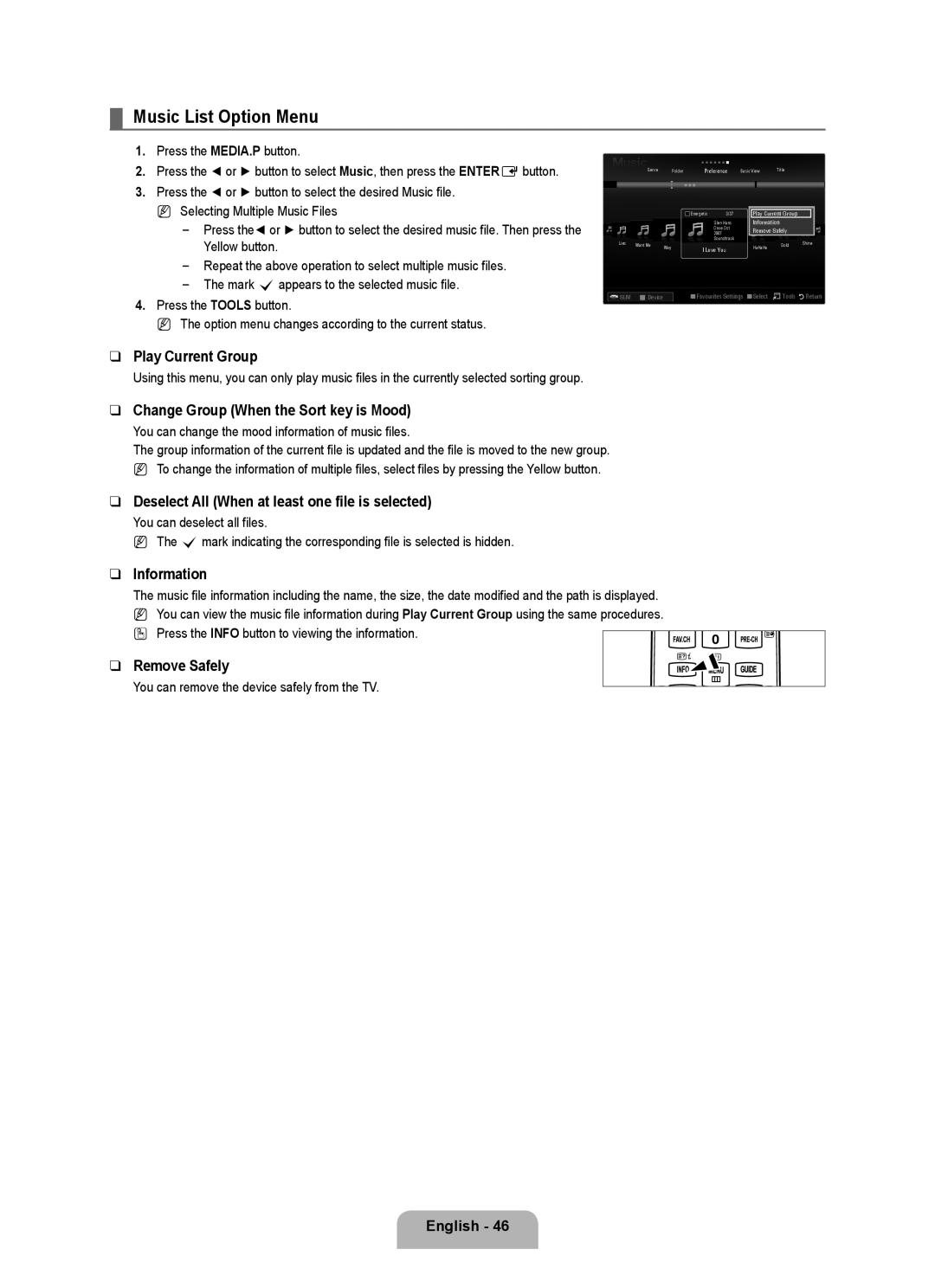 Samsung UE40B8090XWXZG, UE40B8090XPXZG manual Music List Option Menu, Change Group When the Sort key is Mood 