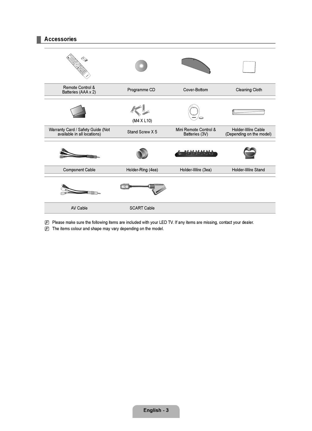 Samsung UE40B8090XPXZG, UE40B8090XWXZG manual Accessories, Programme CD Cover-Bottom Cleaning Cloth, M4 X L10, Stand Screw X 