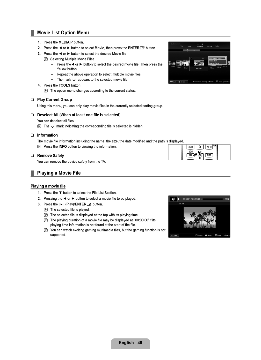 Samsung UE40B8090XPXZG, UE40B8090XWXZG manual Movie List Option Menu, Playing a Movie File, Playing a movie file 