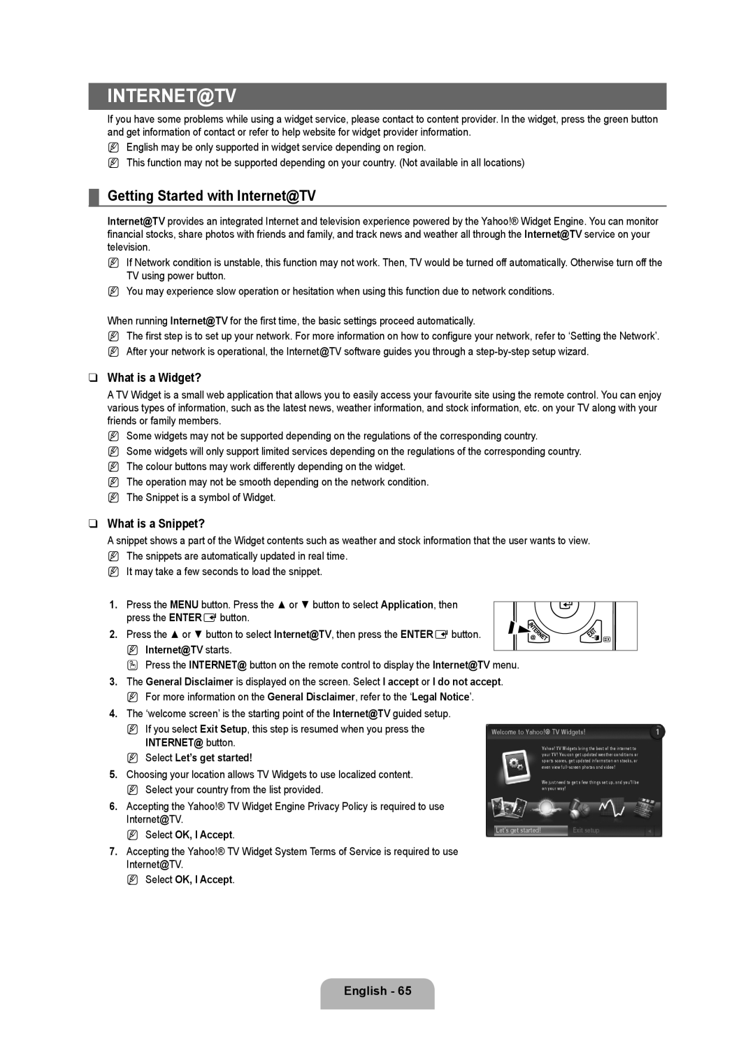 Samsung UE40B8090XPXZG, UE40B8090XWXZG manual Getting Started with Internet@TV, What is a Widget?, What is a Snippet? 