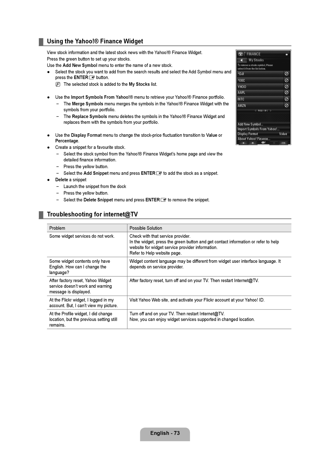 Samsung UE40B8090XPXZG manual Using the Yahoo! Finance Widget, Troubleshooting for internet@TV, Refer to Help website 