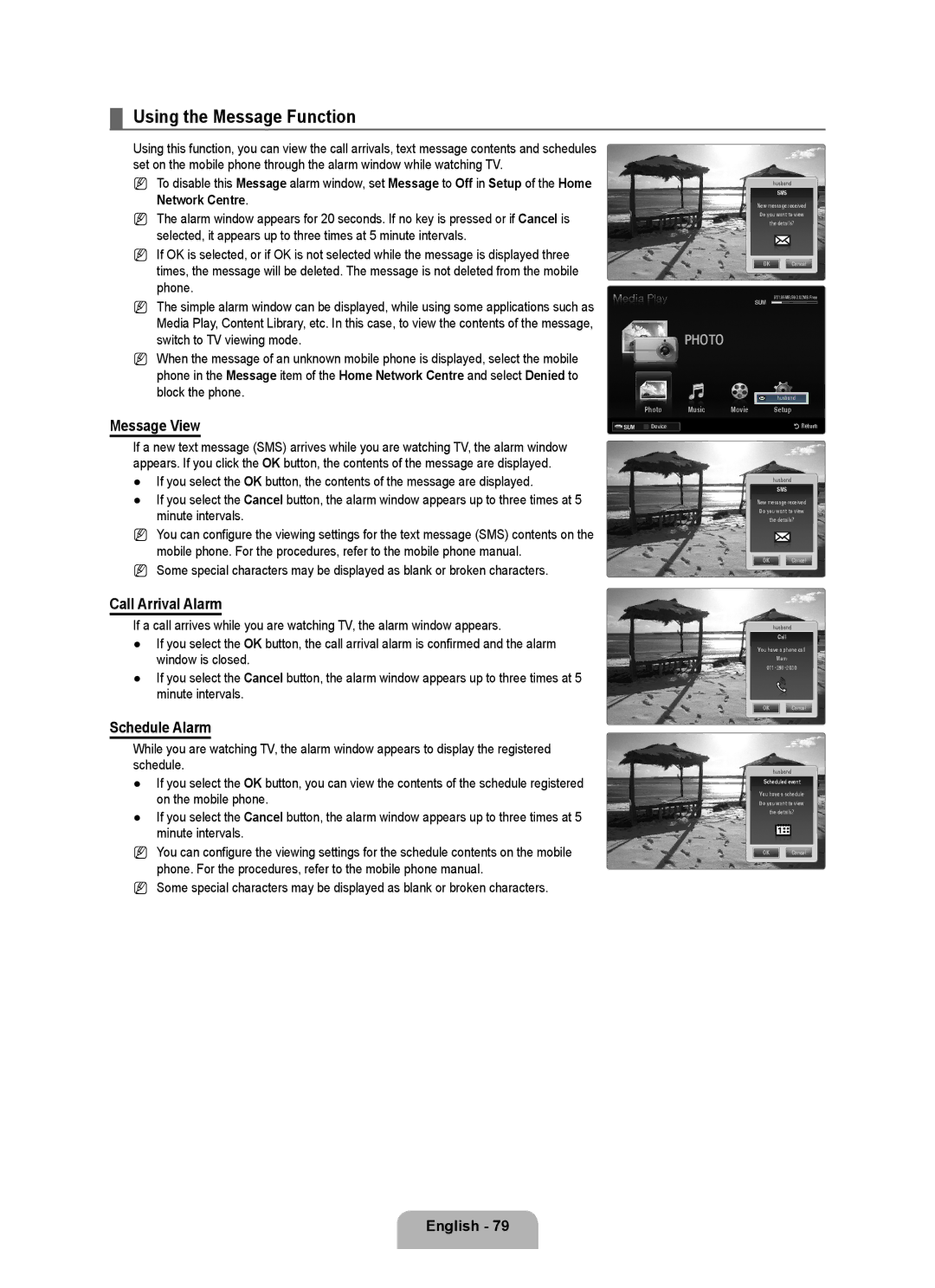 Samsung UE40B8090XPXZG, UE40B8090XWXZG manual Using the Message Function, Message View, Call Arrival Alarm, Schedule Alarm 