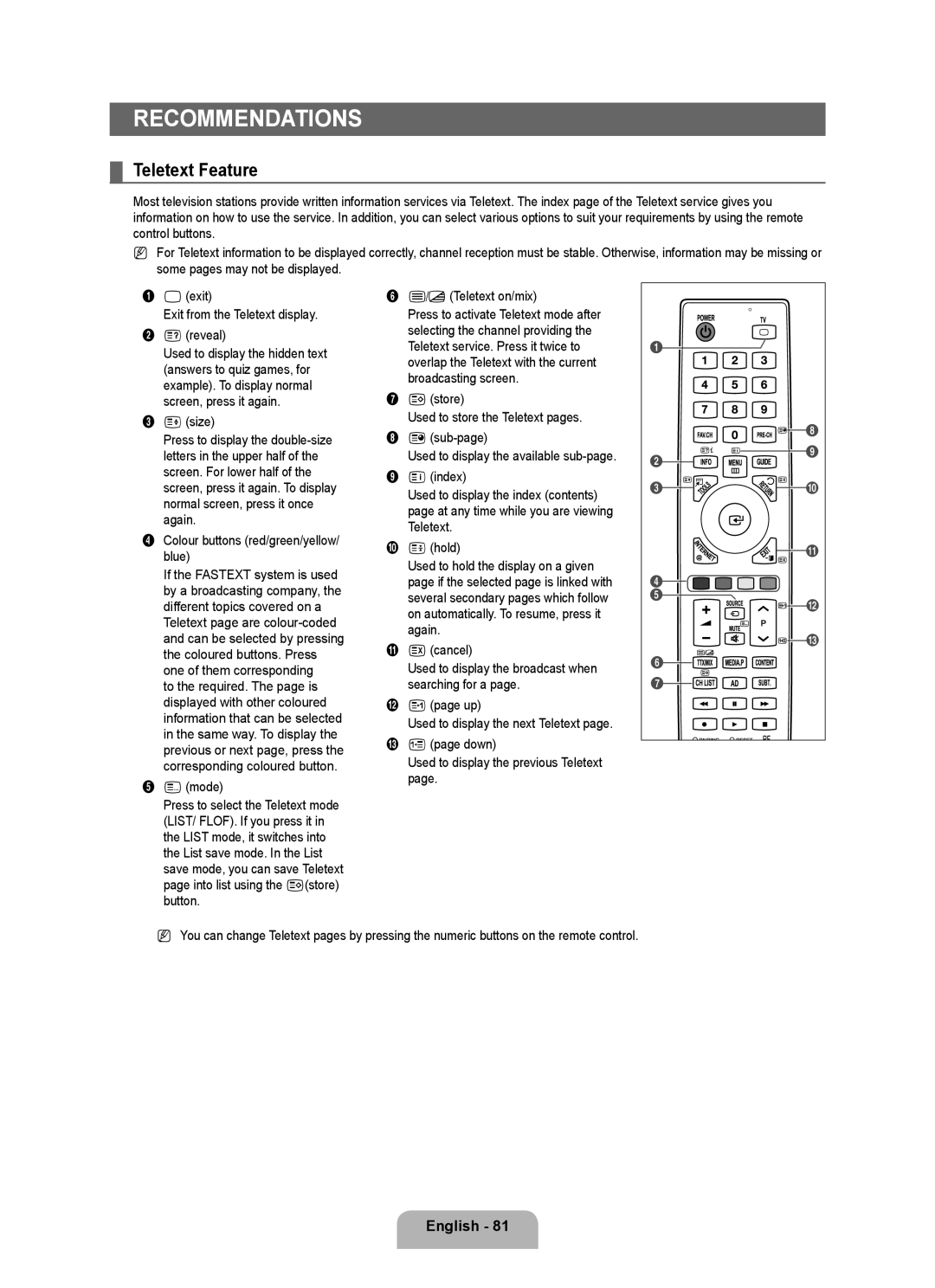 Samsung UE40B8090XPXZG, UE40B8090XWXZG manual Teletext Feature 