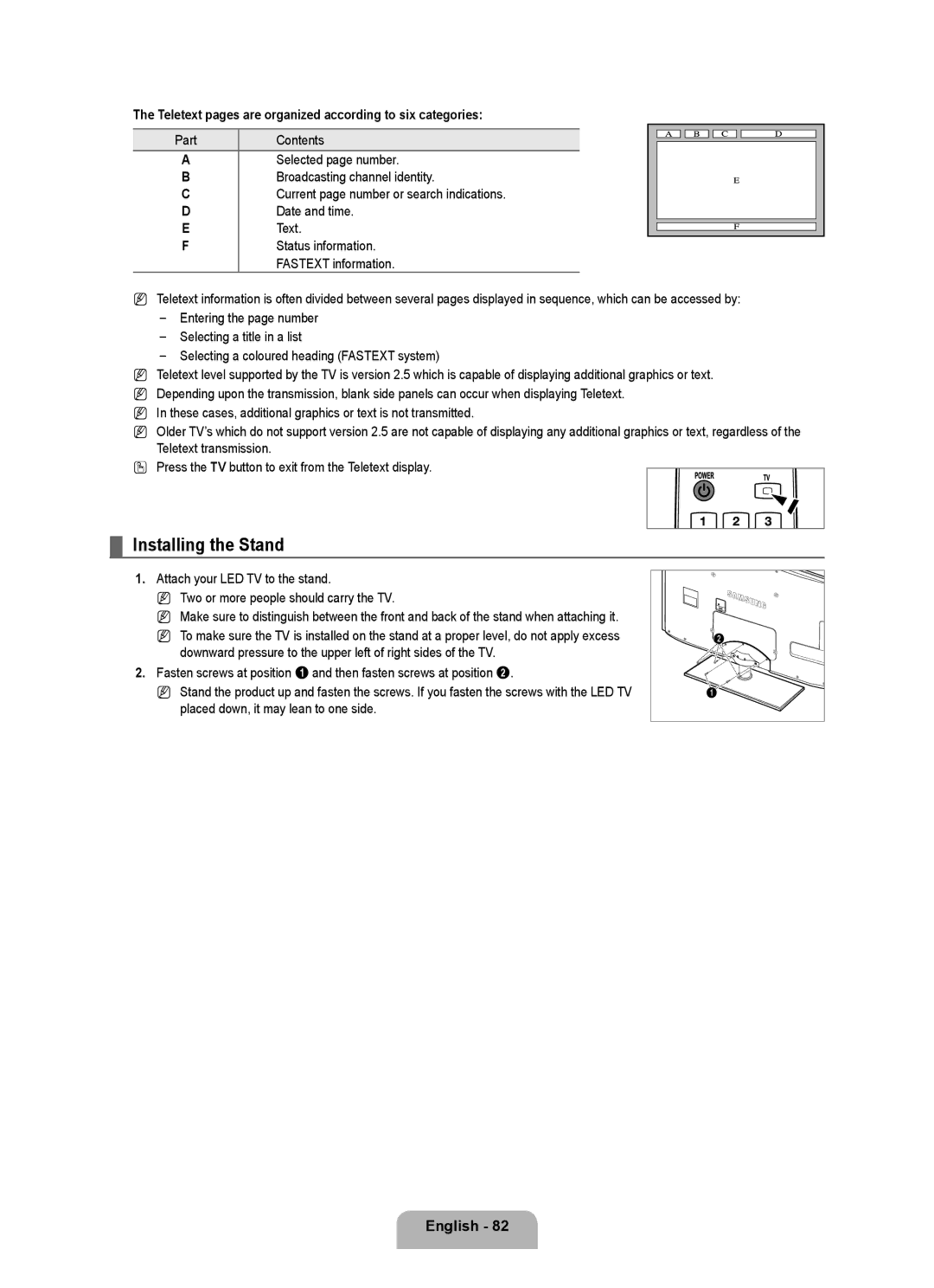 Samsung UE40B8090XWXZG manual Installing the Stand, Teletext pages are organized according to six categories, Part 