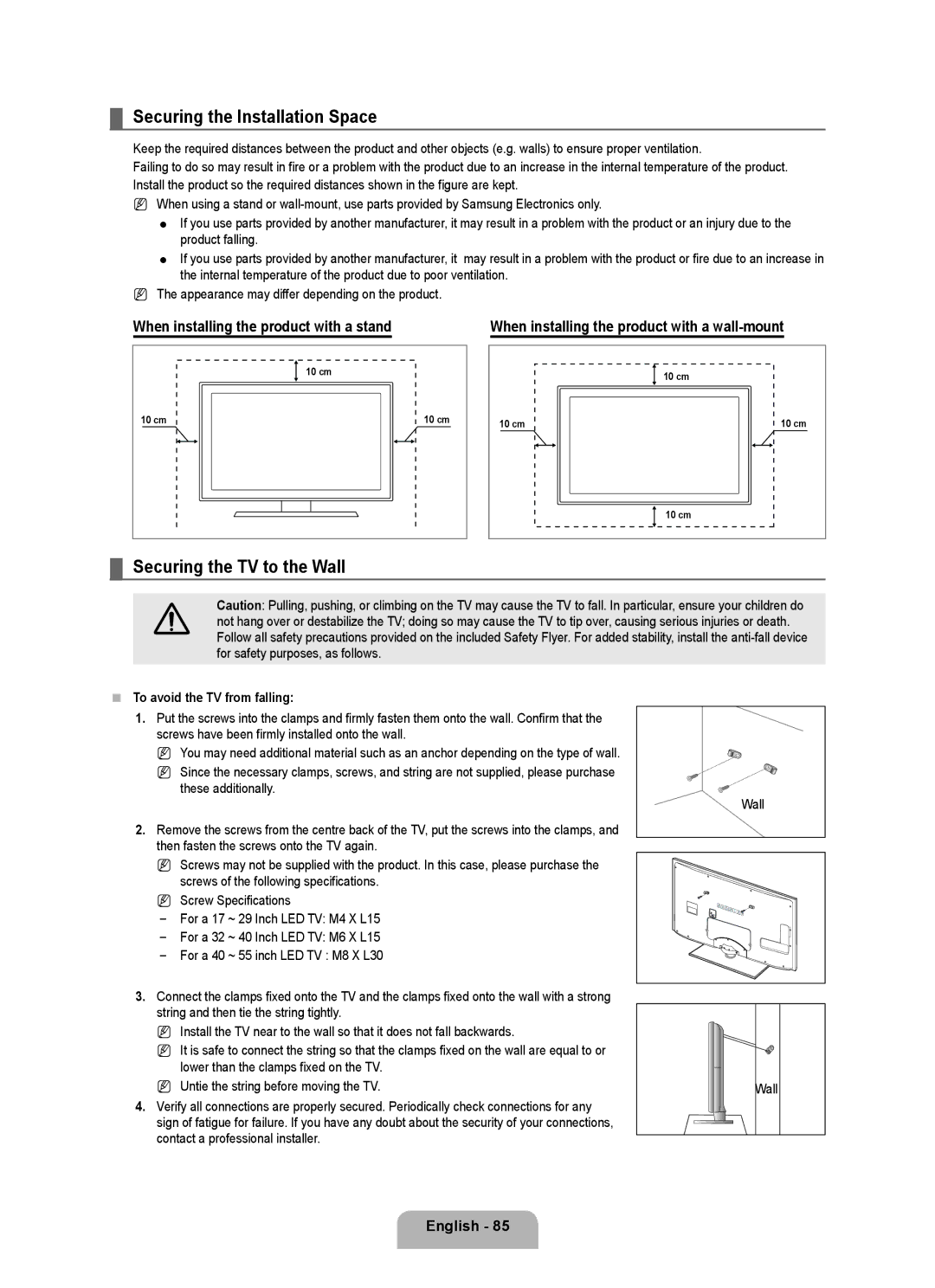 Samsung UE40B8090XPXZG manual Securing the Installation Space, Securing the TV to the Wall, To avoid the TV from falling 