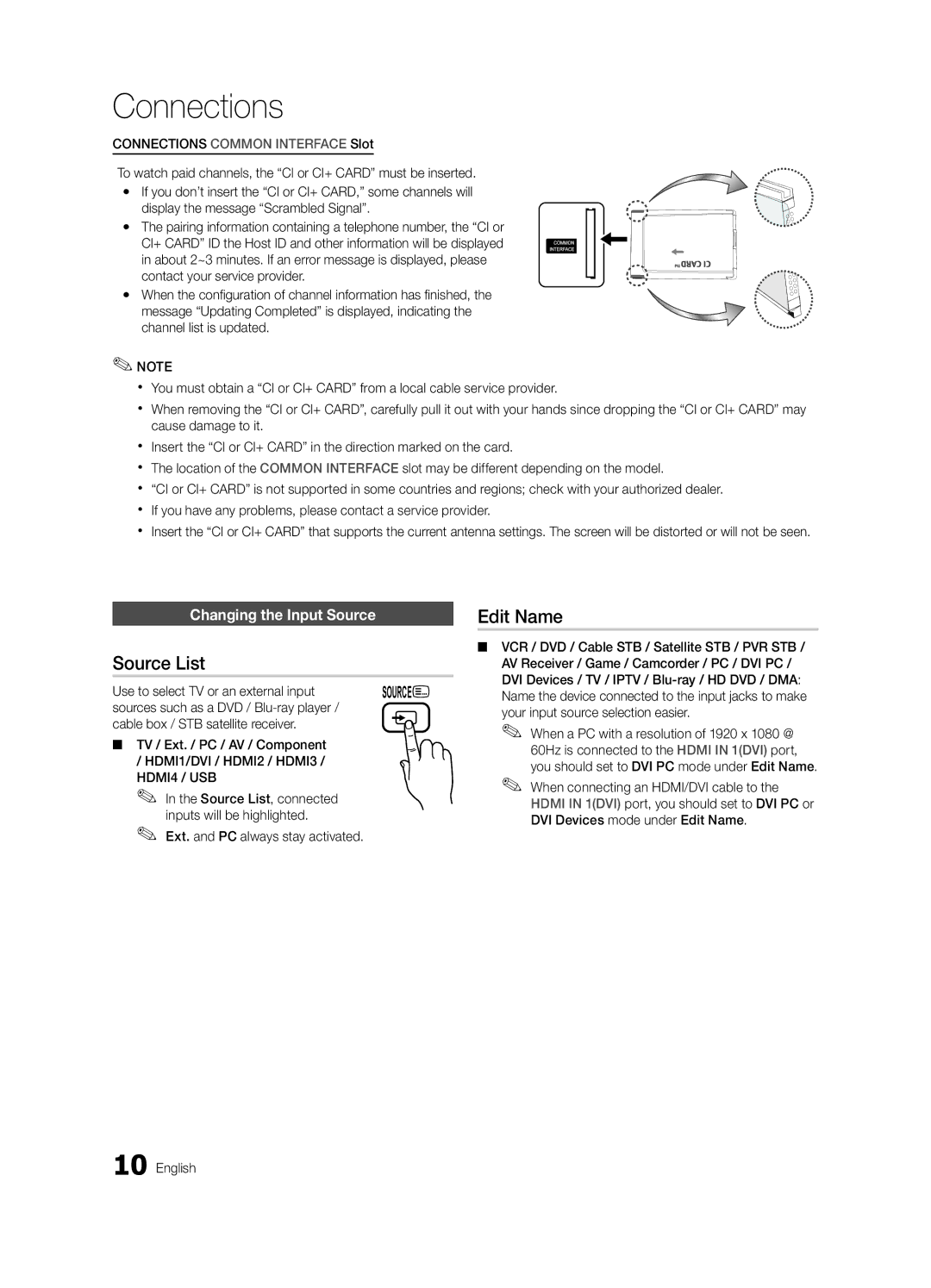 Samsung UE40C6000RWXBT manual Source List, Edit Name, Changing the Input Source, Use to select TV or an external input 