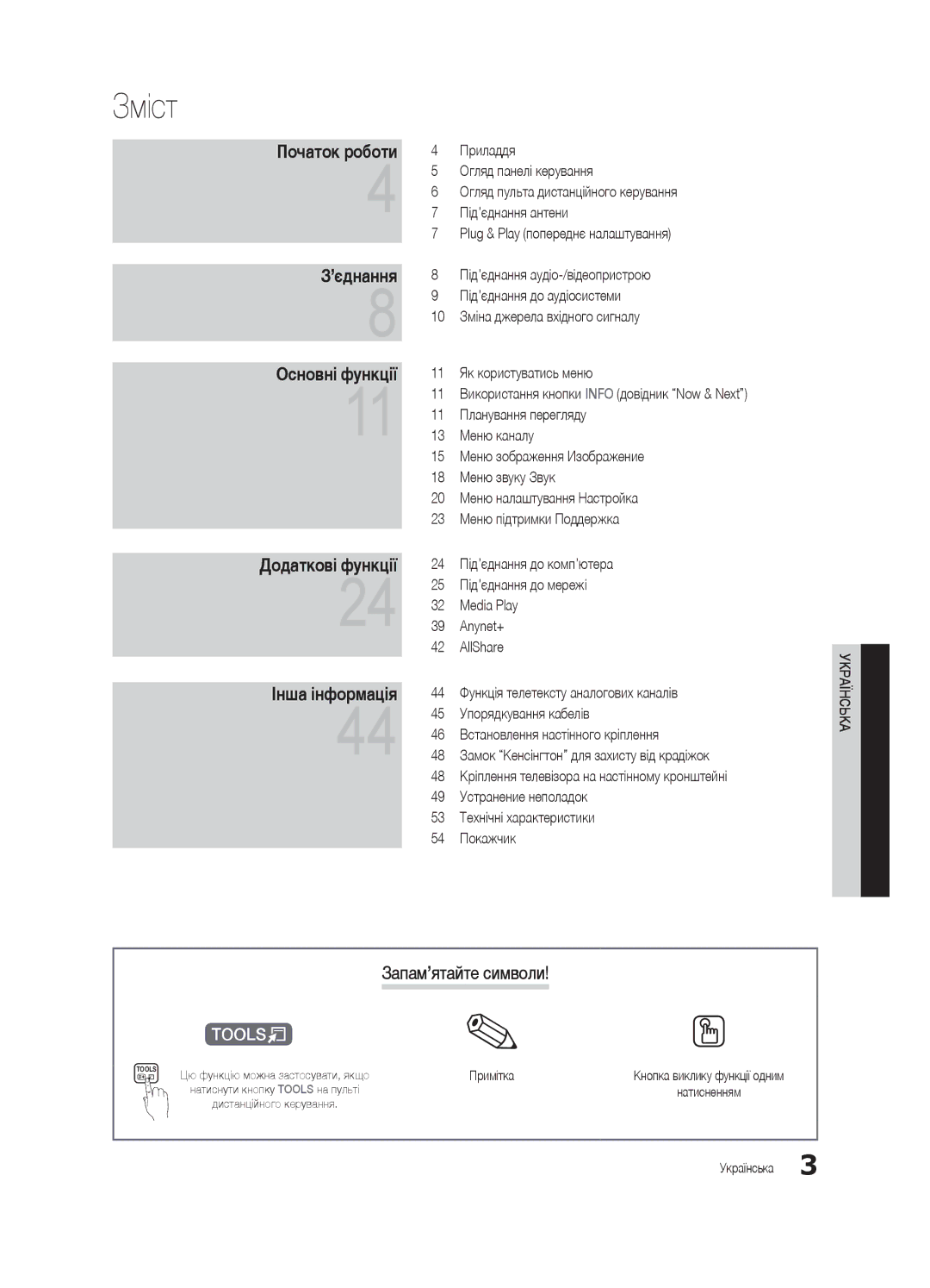 Samsung UE32C6000RWXBT, UE40C6000RWXBT manual Зміст, Запам’ятайте символи, Примітка, Натиснути кнопку Tools на пульті 