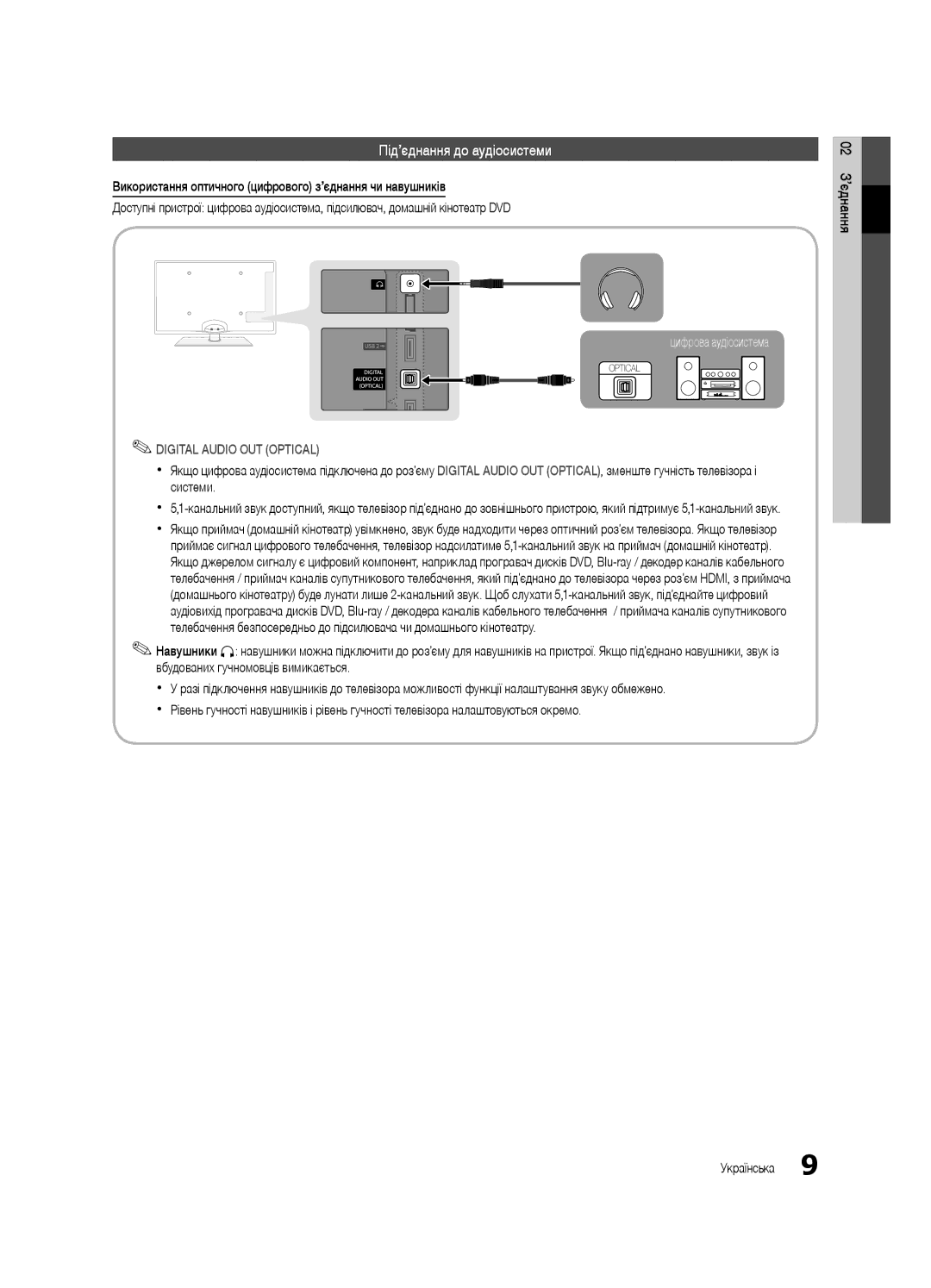 Samsung UE32C6000RWXRU, UE40C6000RWXBT, UE32C6000RWXBT, UE55C6000RWXBT manual Під’єднання до аудіосистеми, 02 З’єднання 