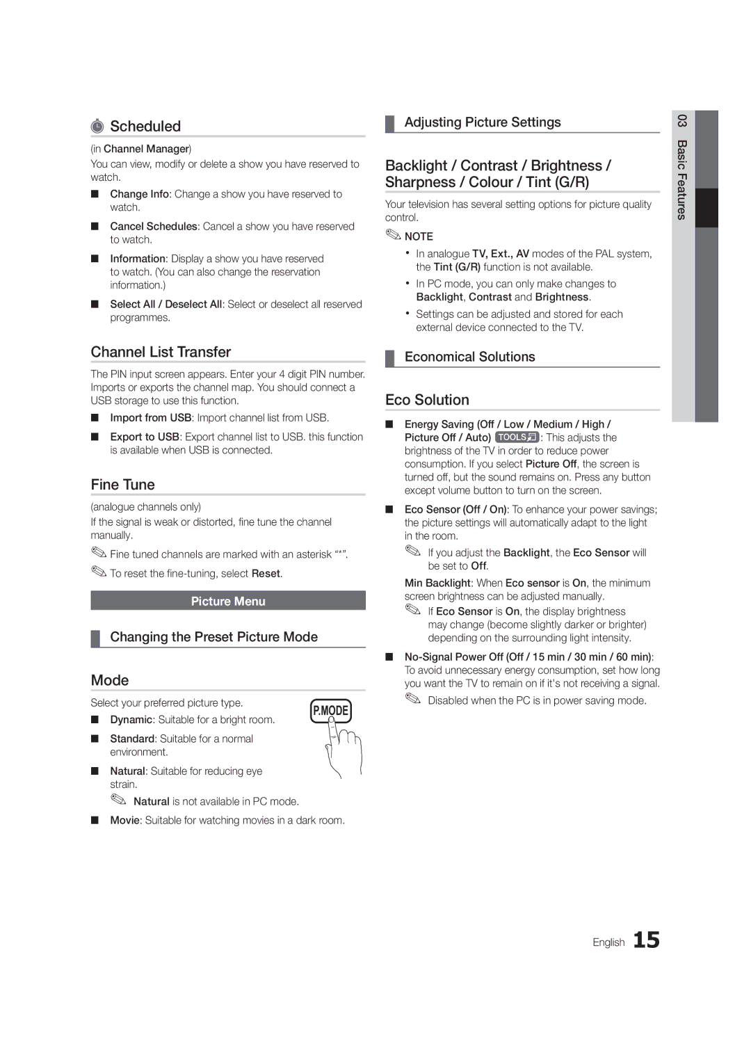 Samsung UE46C6000RWXRU, UE40C6000RWXBT, UE32C6000RWXBT manual Scheduled, Channel List Transfer, Fine Tune, Mode, Eco Solution 