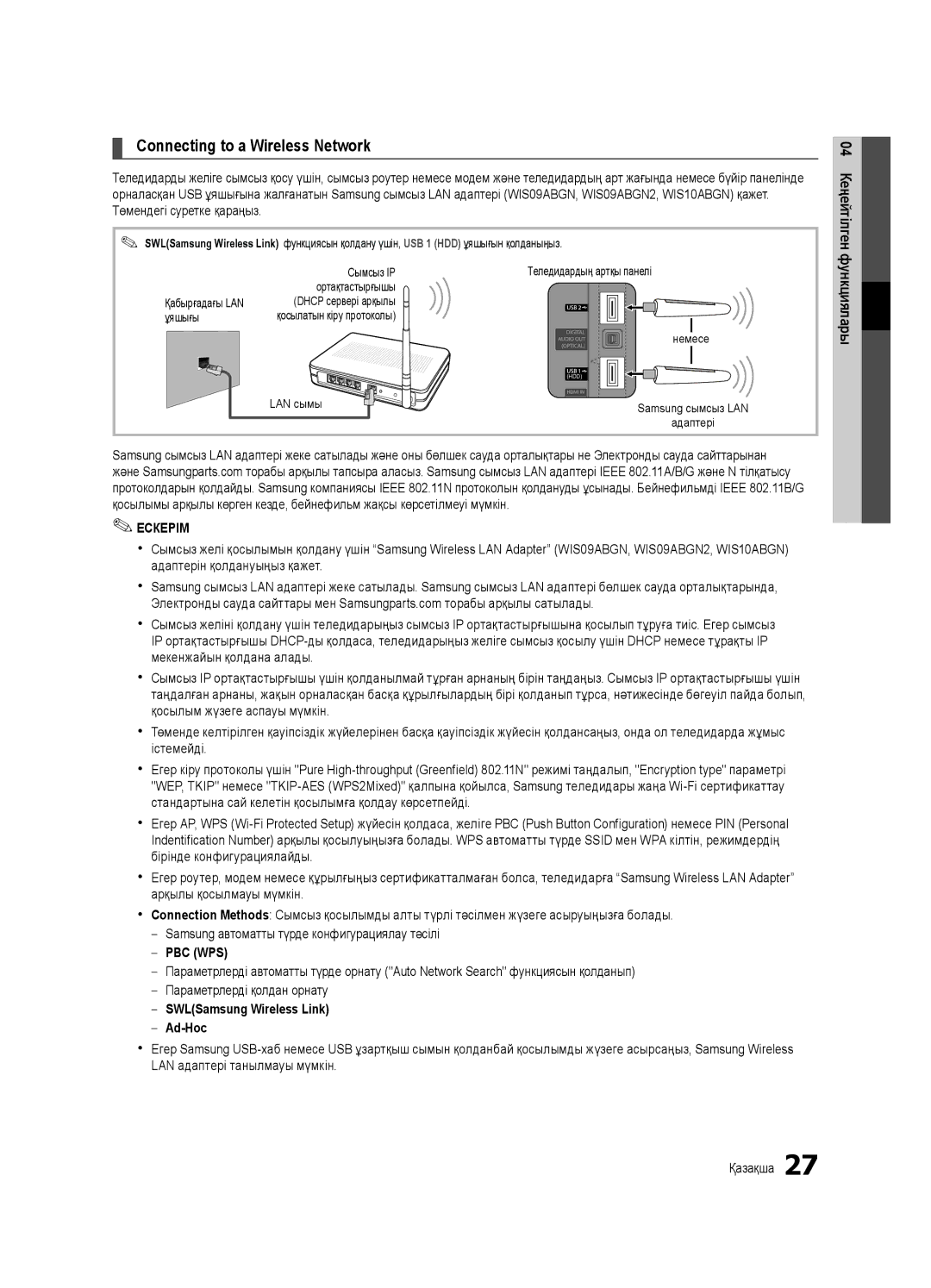 Samsung UE37C6000RWXUA, UE40C6000RWXBT, UE32C6000RWXBT, UE55C6000RWXBT manual SWLSamsung Wireless Link Ad-Hoc, Ұяшығы 