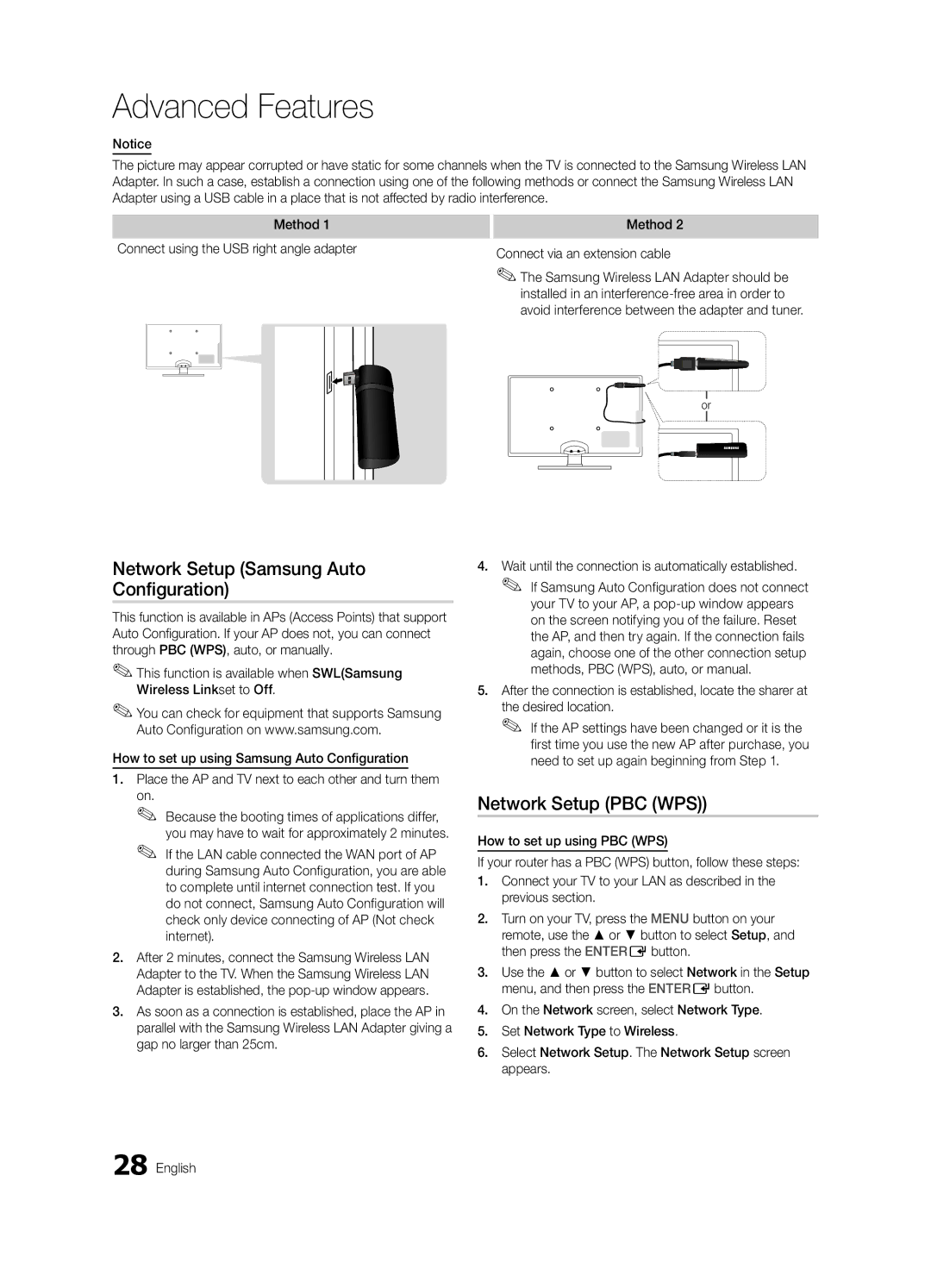 Samsung UE37C6000RWXRU, UE40C6000RWXBT, UE32C6000RWXBT manual Network Setup Samsung Auto Configuration, Network Setup PBC WPS 