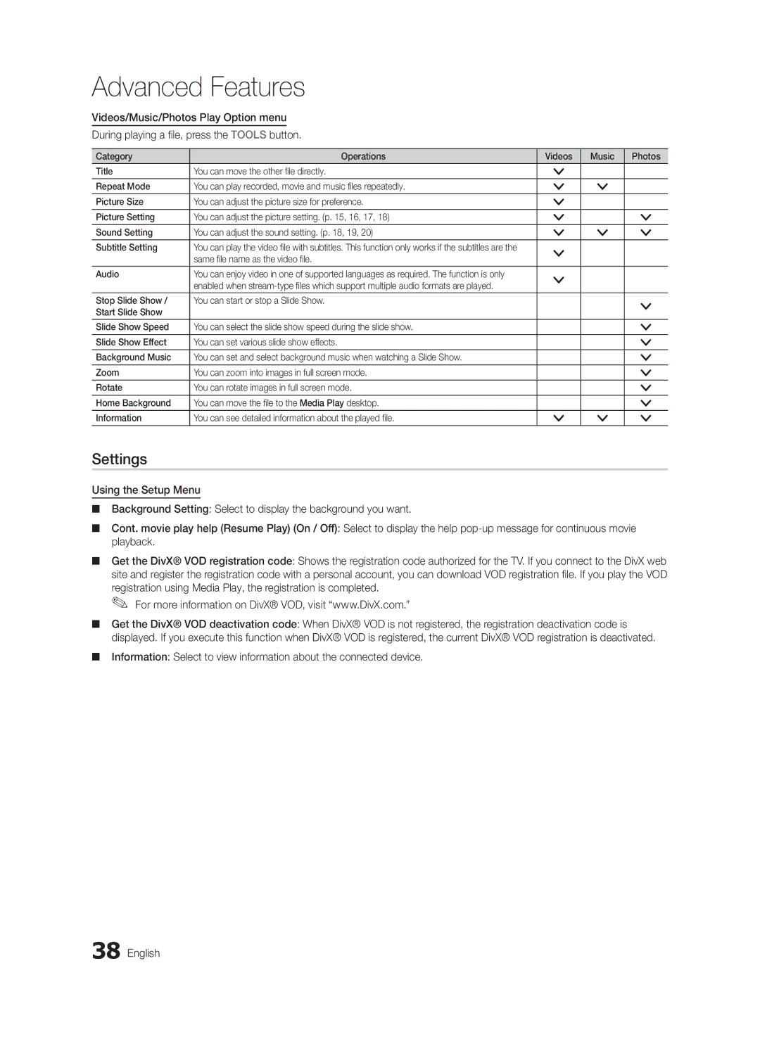 Samsung UE37C6000RWXRU, UE40C6000RWXBT, UE32C6000RWXBT, UE55C6000RWXBT manual Settings, Same file name as the video file Audio 