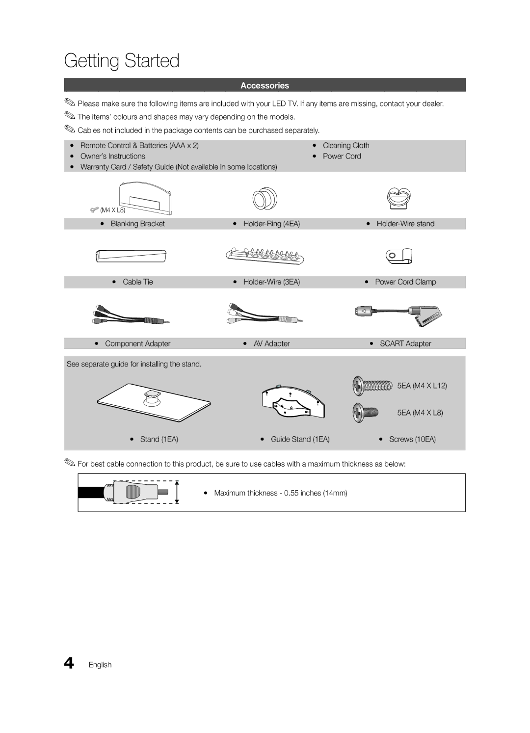 Samsung UE55C6000RWXRU manual Getting Started, Accessories, Yy Blanking Bracket, Yy Cable Tie, Yy Component Adapter 