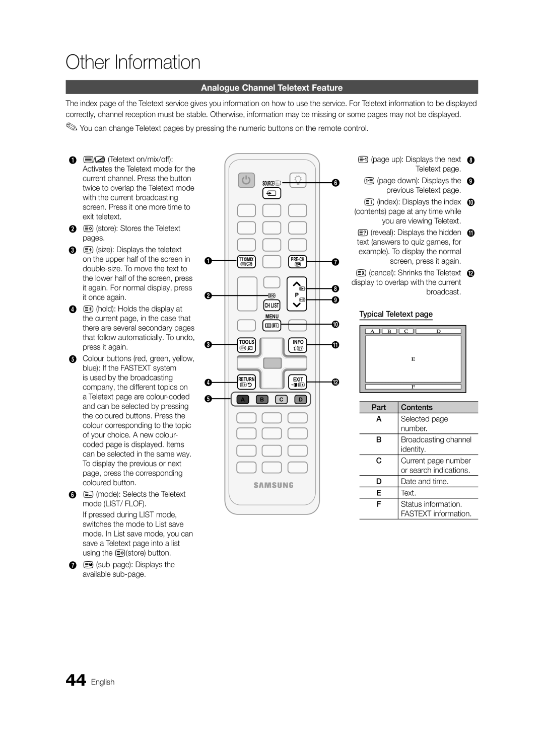 Samsung UE55C6000RWXRU, UE40C6000RWXBT, UE32C6000RWXBT, UE55C6000RWXBT Other Information, Analogue Channel Teletext Feature 