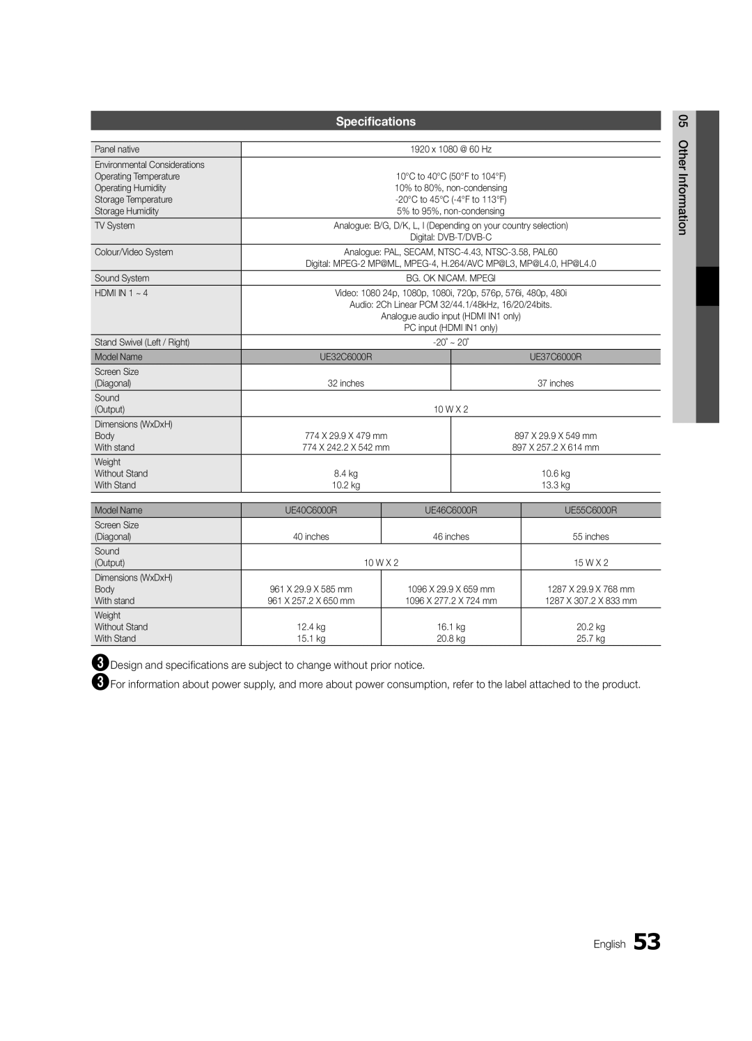 Samsung UE46C6000RWXBT, UE40C6000RWXBT, UE32C6000RWXBT, UE55C6000RWXBT manual Specifications, 05InformationOher English 