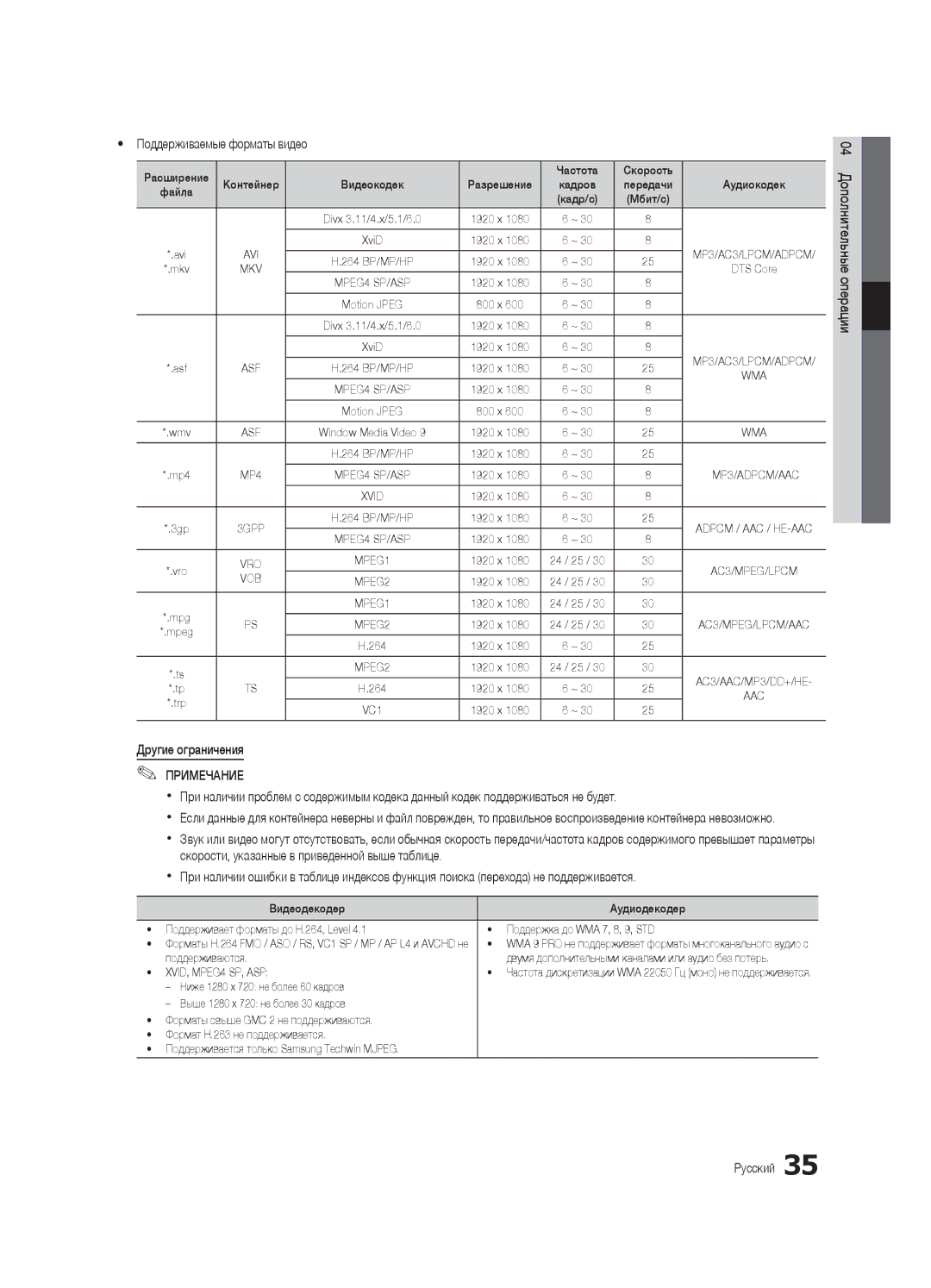 Samsung UE37C6000RWXUA, UE40C6000RWXBT, UE32C6000RWXBT, UE55C6000RWXBT Yy Поддерживаемые форматы видео, Другие ограничения 