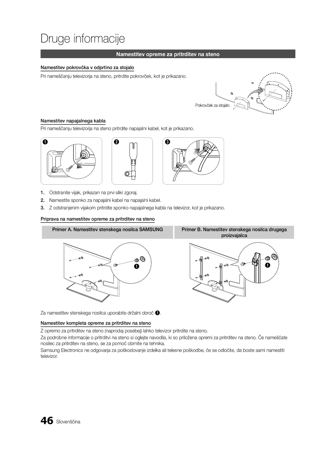 Samsung UE46C6000RWXZG, UE40C6000RWXXN, UE37C6000RWXXN manual Namestitev opreme za pritrditev na steno, Pokrovček za stojalo 