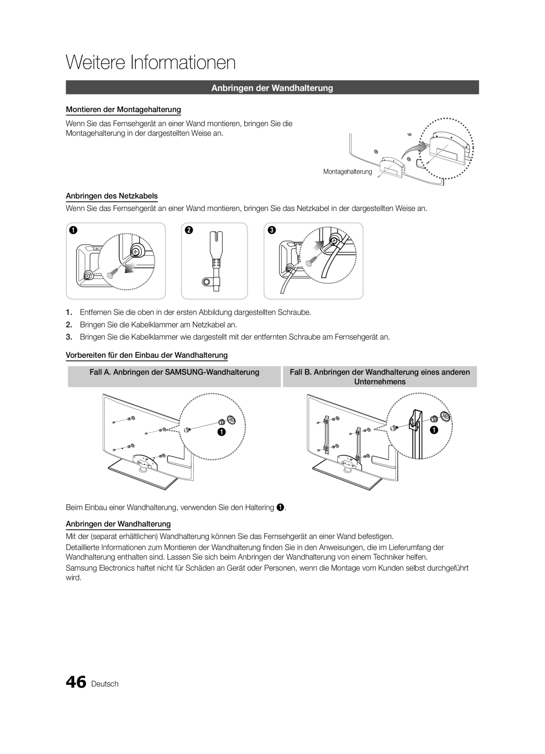 Samsung UE46C6000RWXXH, UE40C6000RWXXN, UE37C6000RWXXN, UE46C6000RWXXN manual Anbringen der Wandhalterung, Montagehalterung 