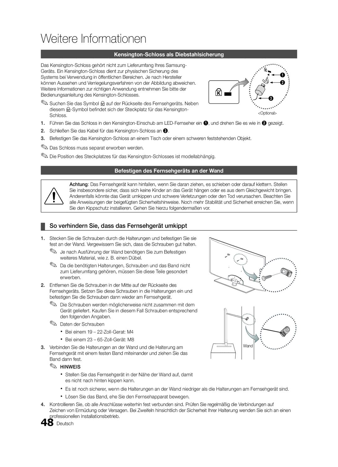 Samsung UE37C6000RWXXH manual So verhindern Sie, dass das Fernsehgerät umkippt, Kensington-Schloss als Diebstahlsicherung 