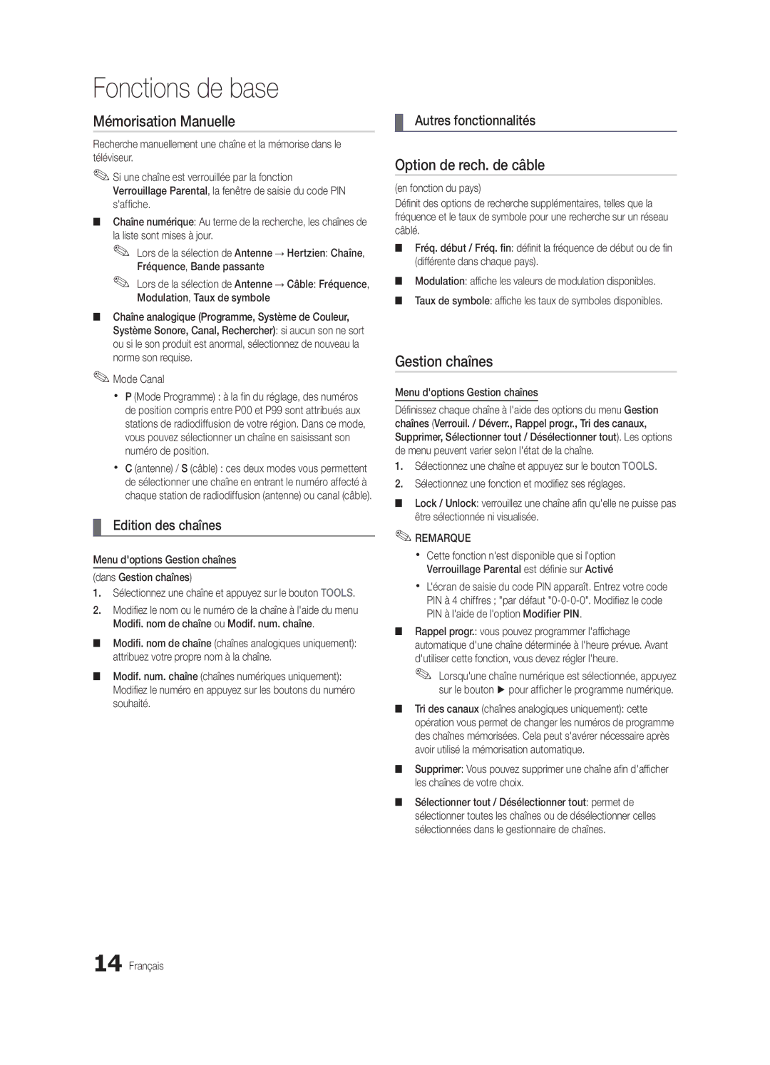 Samsung UE55C6000RWXXC manual Mémorisation Manuelle, Option de rech. de câble, Edition des chaînes, Autres fonctionnalités 