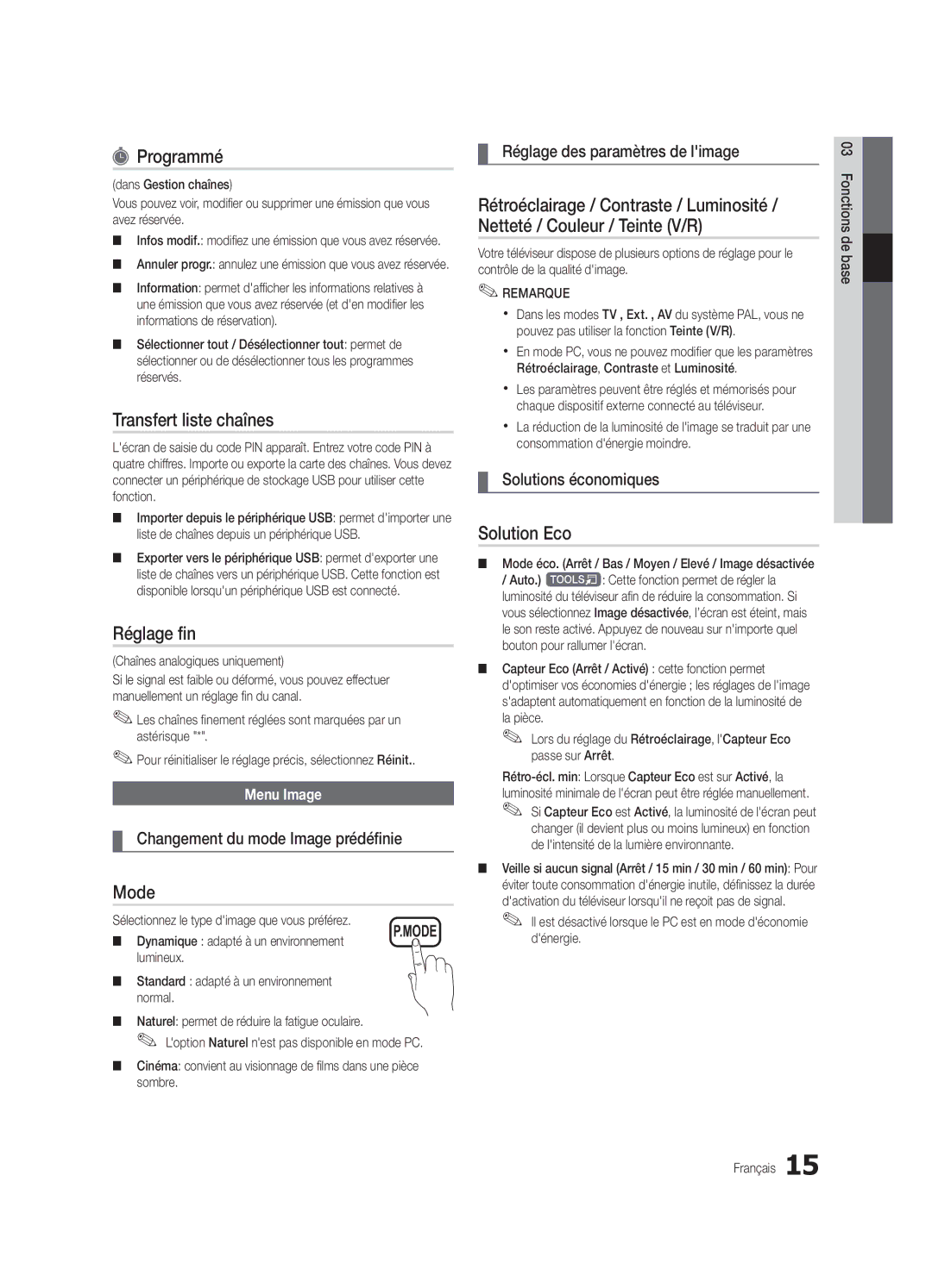 Samsung UE32C6000RWXXH, UE40C6000RWXXN, UE37C6000RWXXN manual Programmé, Transfert liste chaînes, Réglage fin, Solution Eco 