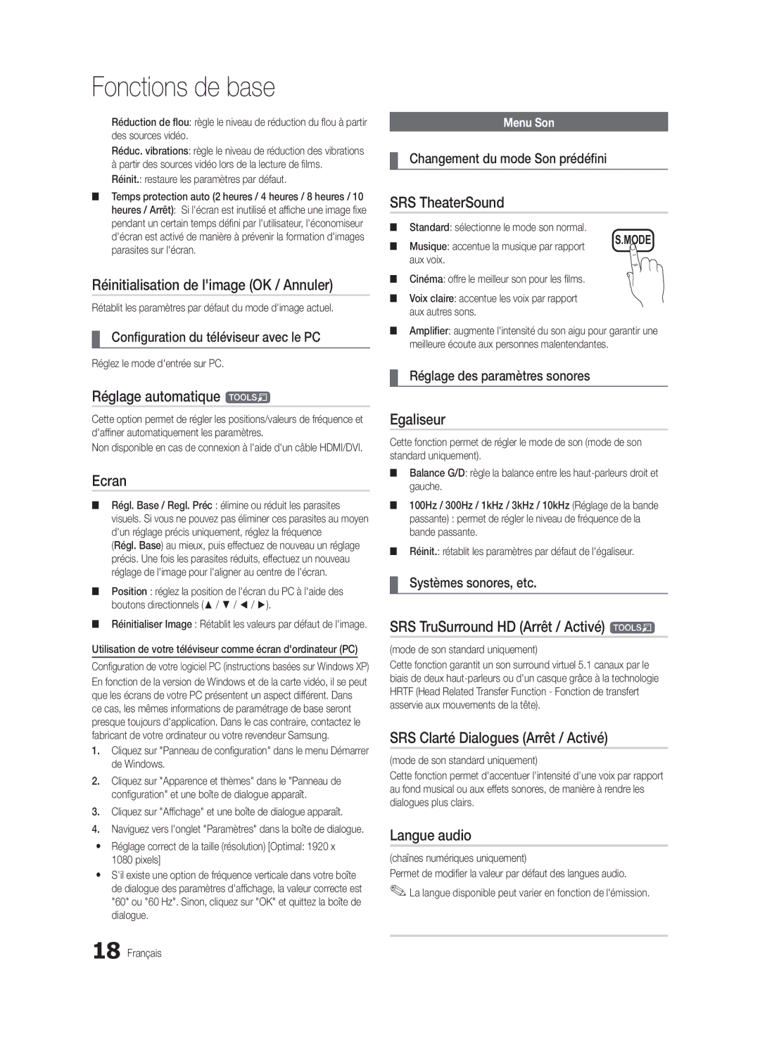 Samsung UE46C6000RWXXH Réinitialisation de limage OK / Annuler, Réglage automatique t, Ecran, Egaliseur, Langue audio 