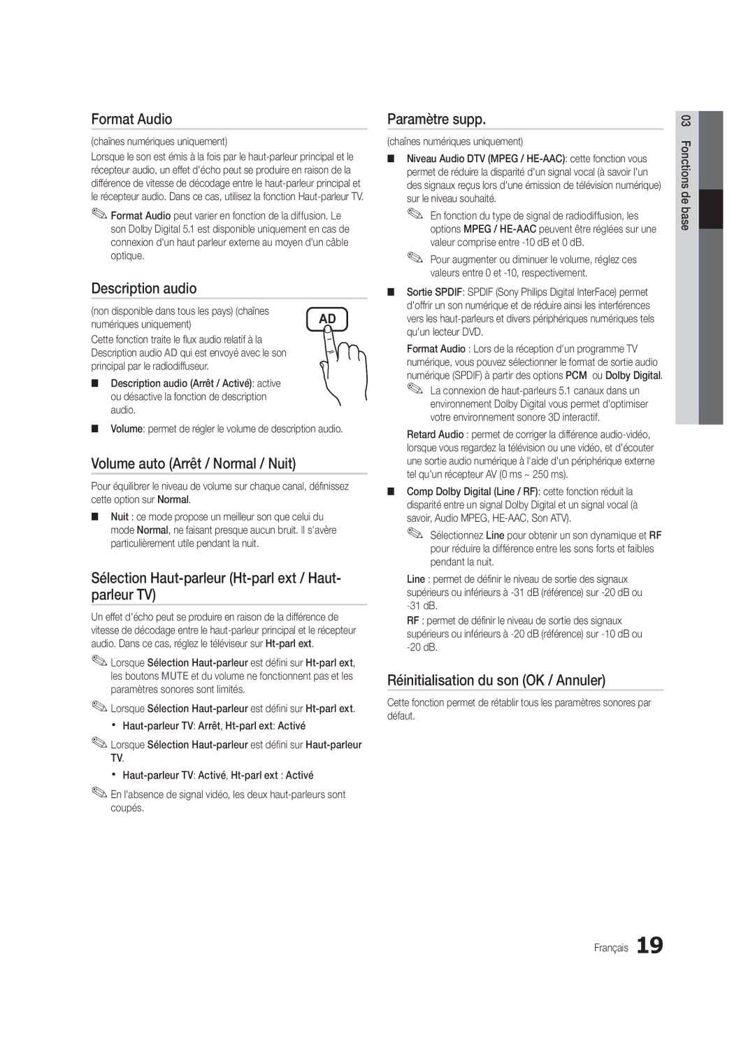 Samsung UE40C6000RWXXH, UE40C6000RWXXN Format Audio, Description audio, Volume auto Arrêt / Normal / Nuit, Paramètre supp 