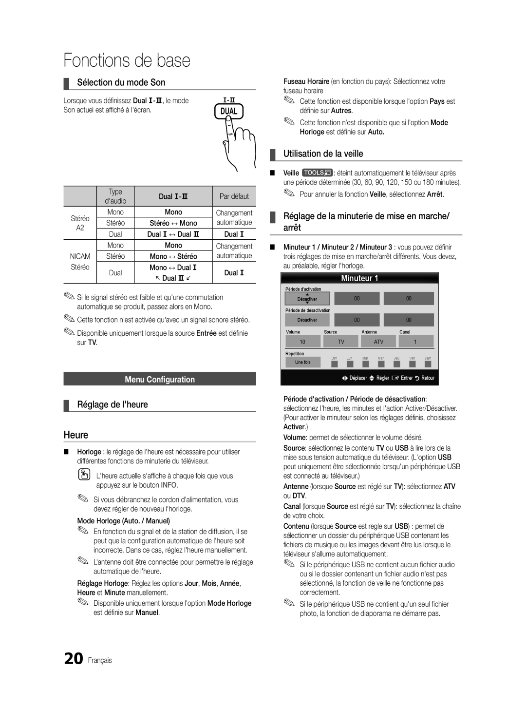 Samsung UE37C6000RWXXH, UE40C6000RWXXN manual Heure, Sélection du mode Son, Réglage de lheure, Utilisation de la veille 