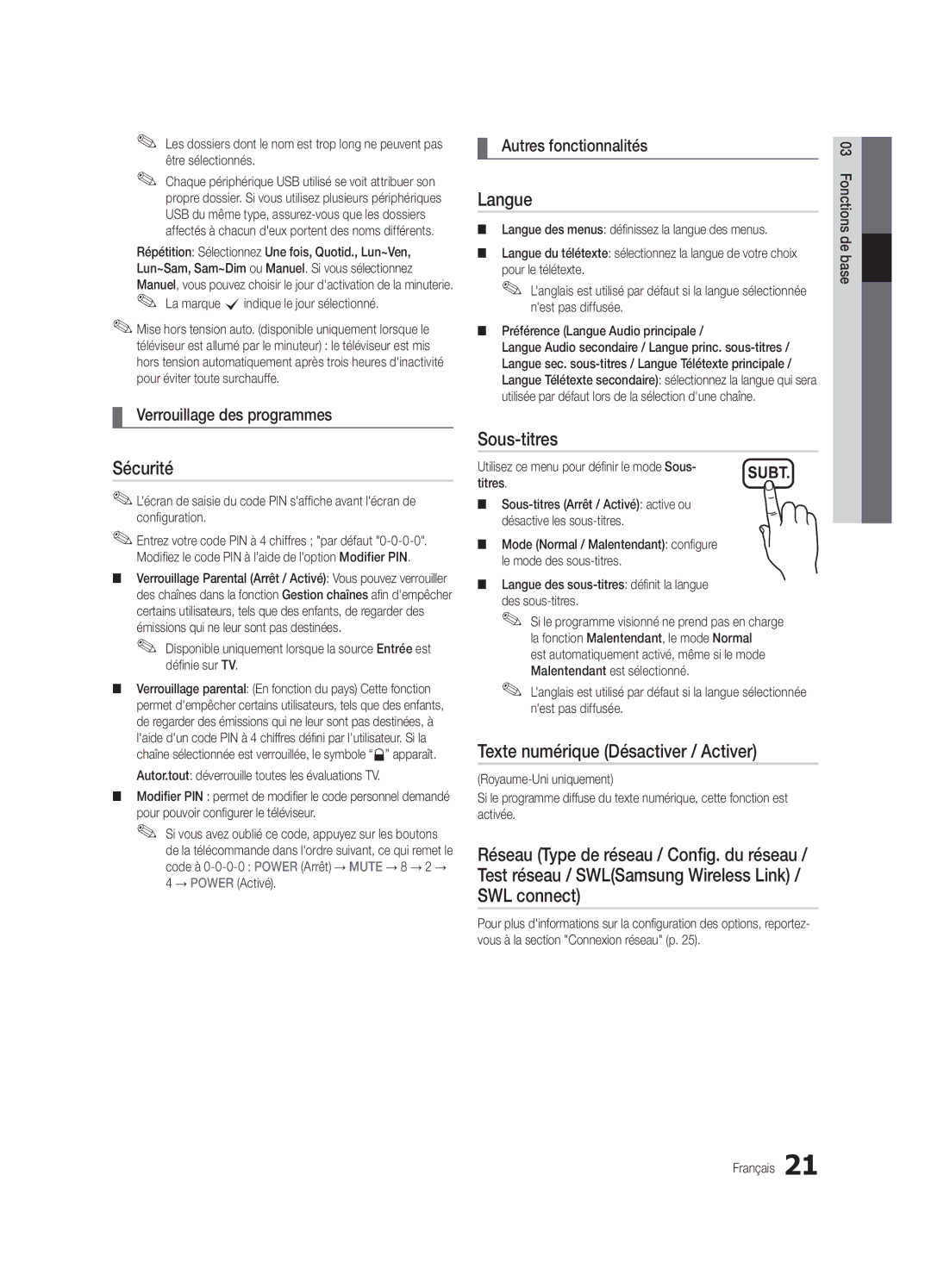 Samsung UE46C6005RWXXE Sécurité, Langue, Sous-titres, Texte numérique Désactiver / Activer, Verrouillage des programmes 