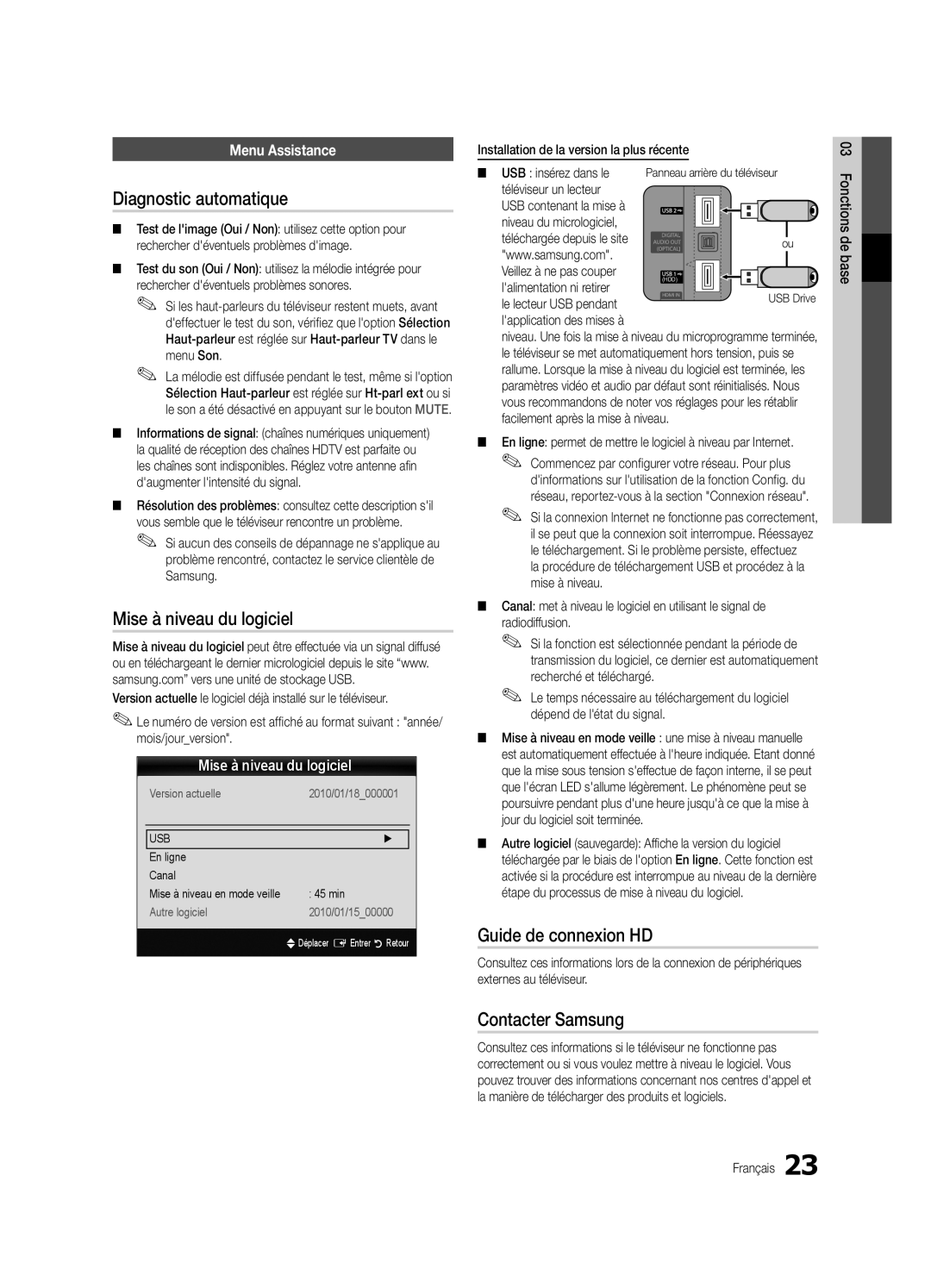 Samsung UE37C6000RWXXN manual Diagnostic automatique, Mise à niveau du logiciel, Guide de connexion HD, Contacter Samsung 