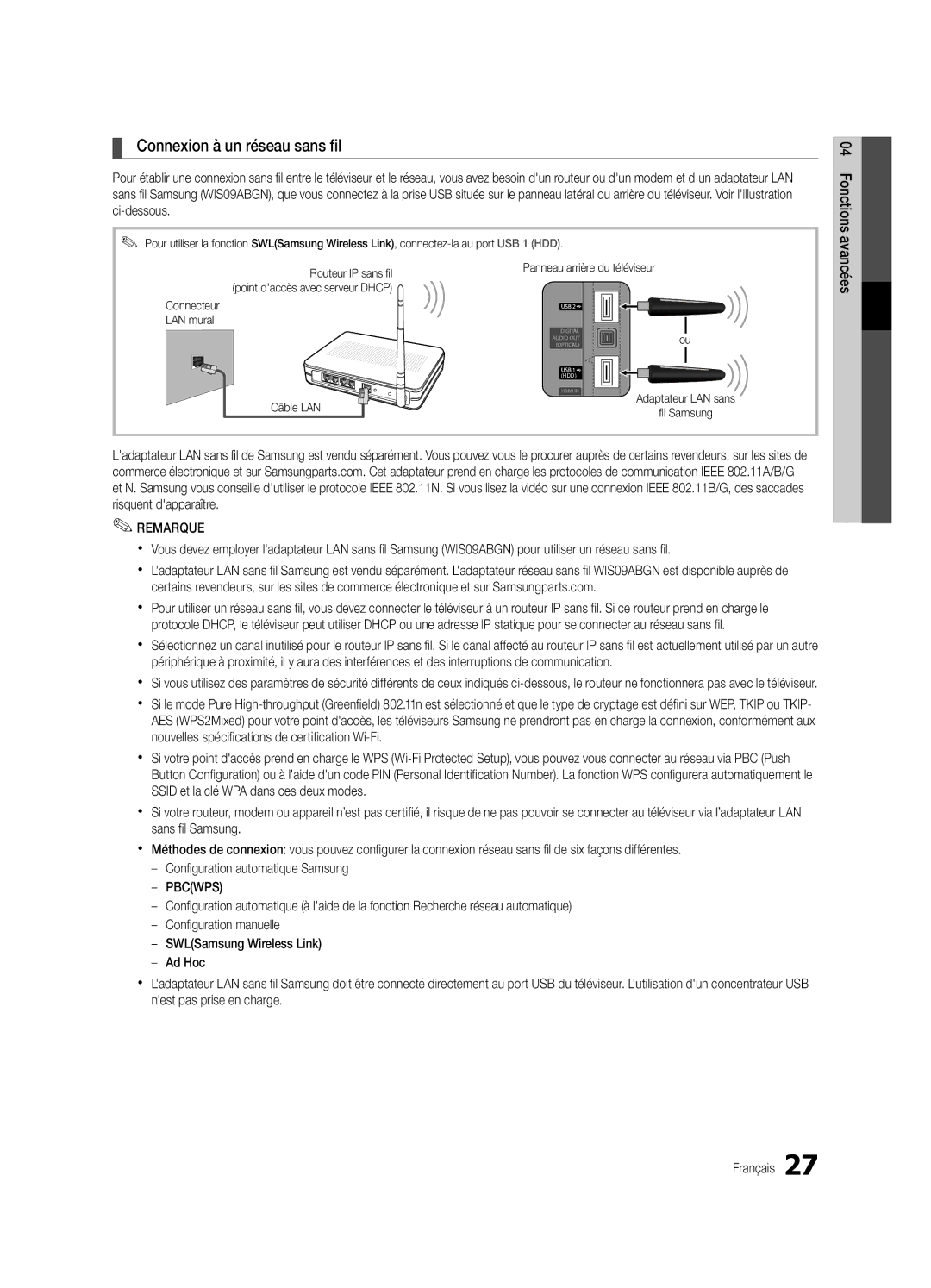 Samsung UE32C6000RWXXN, UE40C6000RWXXN, UE37C6000RWXXN, UE46C6000RWXXN manual Connexion à un réseau sans fil, Fil Samsung 