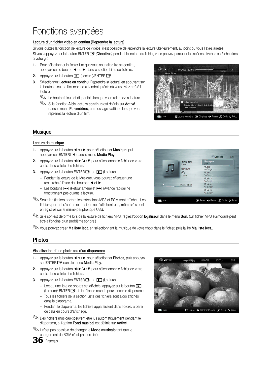 Samsung UE46C6000RWXZF manual Musique, Lecture dun fichier vidéo en continu Reprendre la lecture, Lecture de musique 