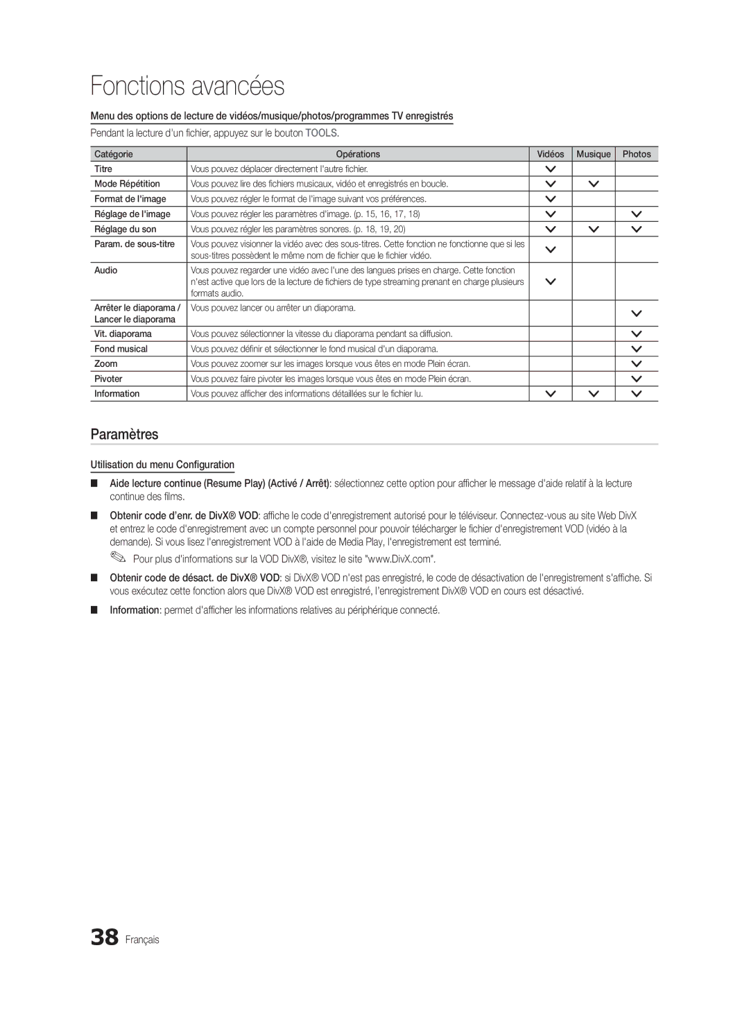 Samsung UE37C6000RWXXC, UE40C6000RWXXN, UE37C6000RWXXN, UE46C6000RWXXN, UE40C6000RWXZG, UE37C6000RWXZG manual Paramètres 