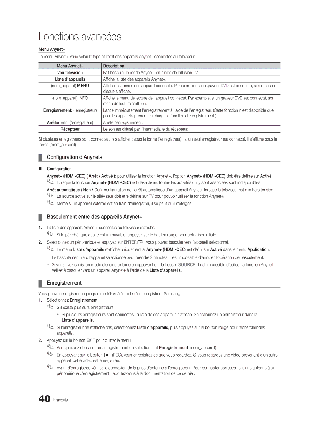 Samsung UE55C6000RWXXC, UE40C6000RWXXN Configuration dAnynet+, Basculement entre des appareils Anynet+, Enregistrement 